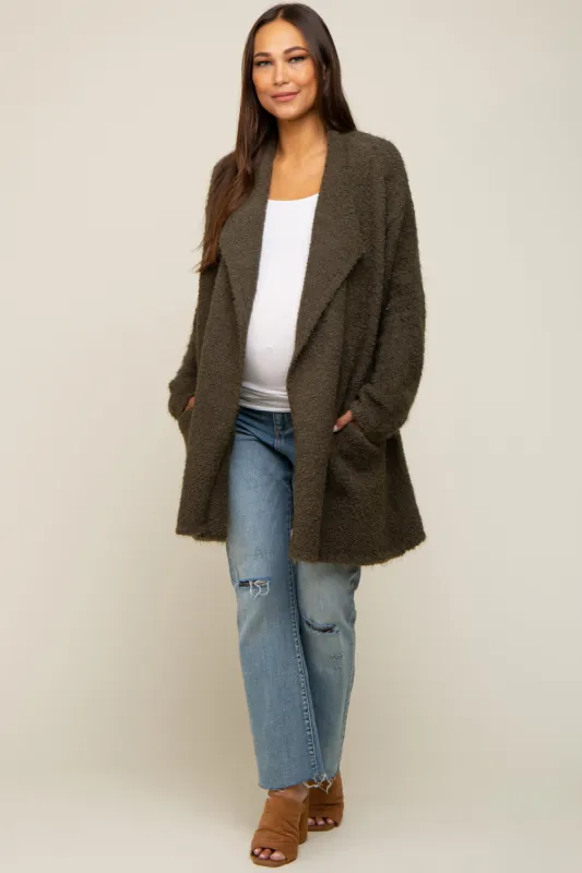 Olive Fuzzy Knit Draped Maternity Cardigan sold by Pinkblush