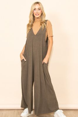 Olive Deep V Sleeveless Wide Leg Jumpsuit sold by Pinkblush