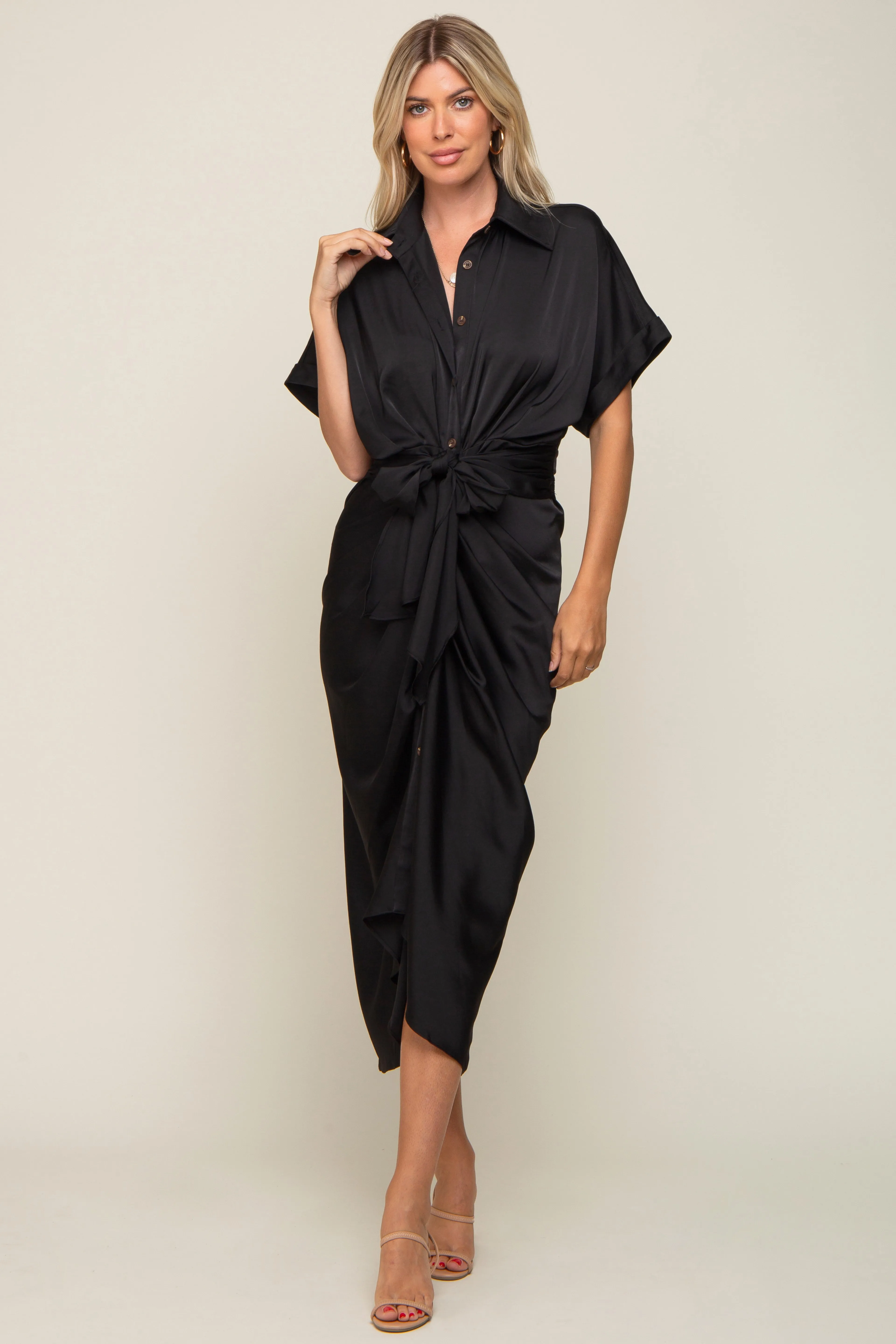 Black Satin Button Down Gathered Midi Dress sold by Pinkblush product image thumbnail 5