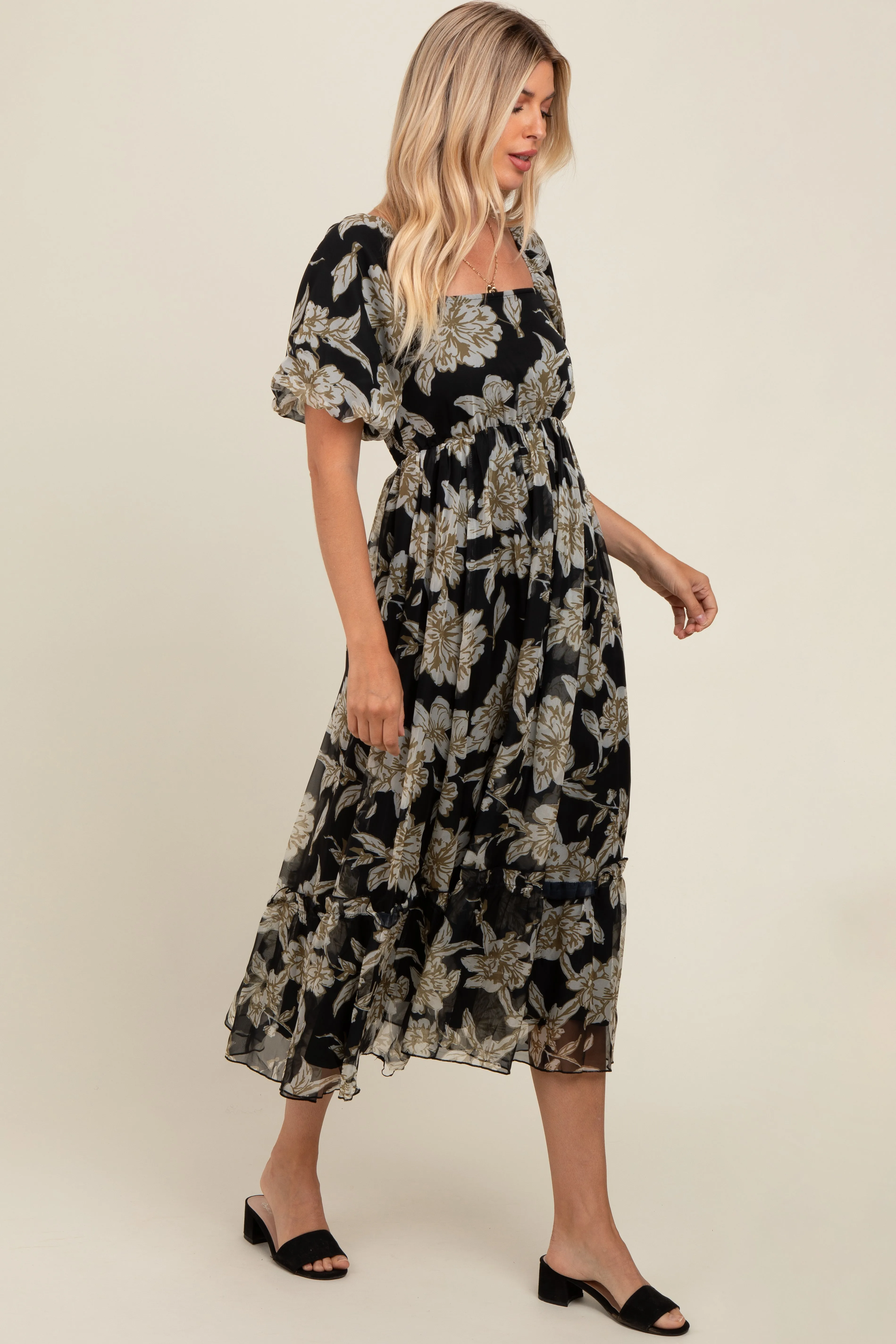 Black Floral Chiffon Ruffle Hem Midi Dress sold by Pinkblush product image thumbnail 3