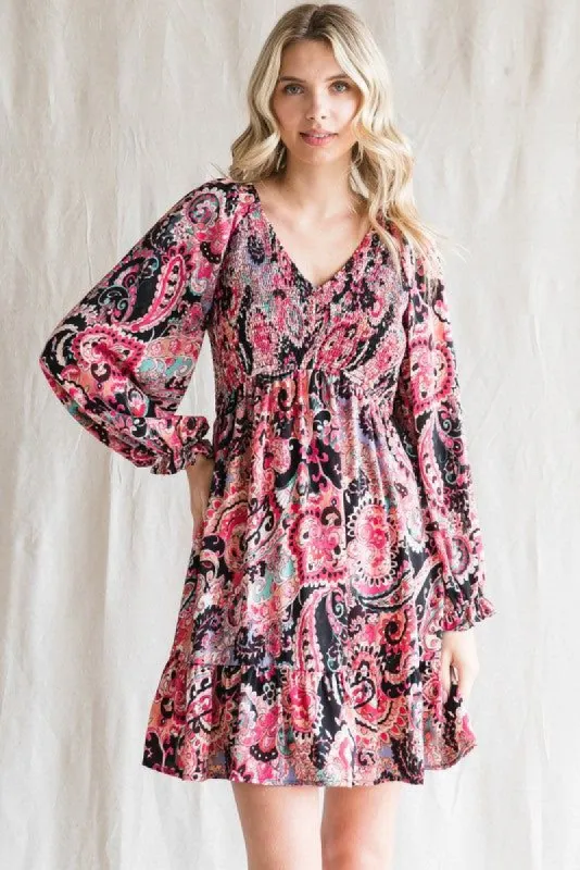 Black Paisley Smocked Long Sleeve Dress sold by Pinkblush