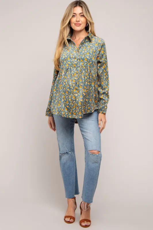 Teal Floral Corduroy Maternity Button Up Top sold by Pinkblush