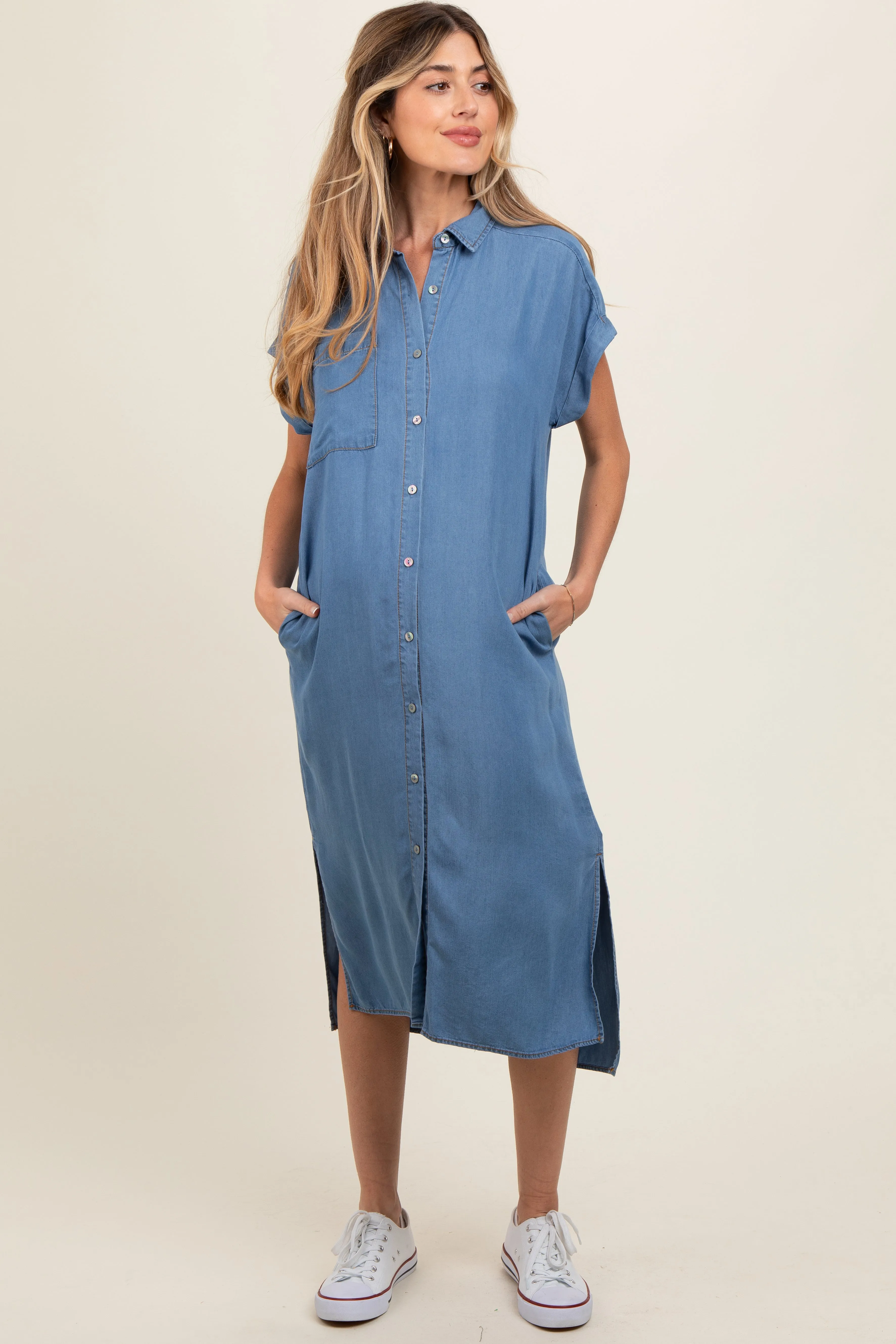 Blue Chambray Button Down Maternity Midi Dress sold by Pinkblush product image thumbnail 2