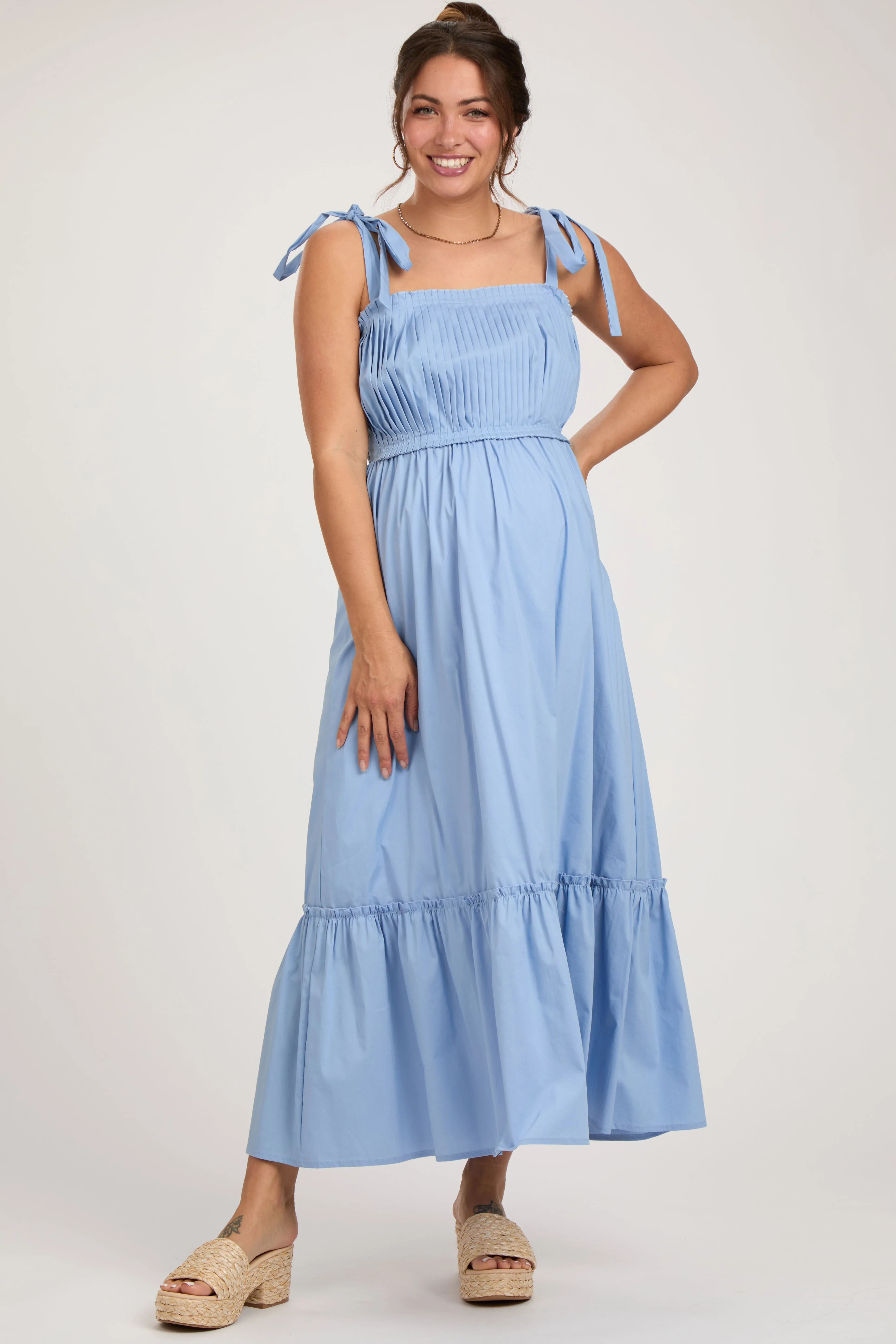 Light Blue Pleated Shoulder Tie Maternity Midi Dress sold by Pinkblush