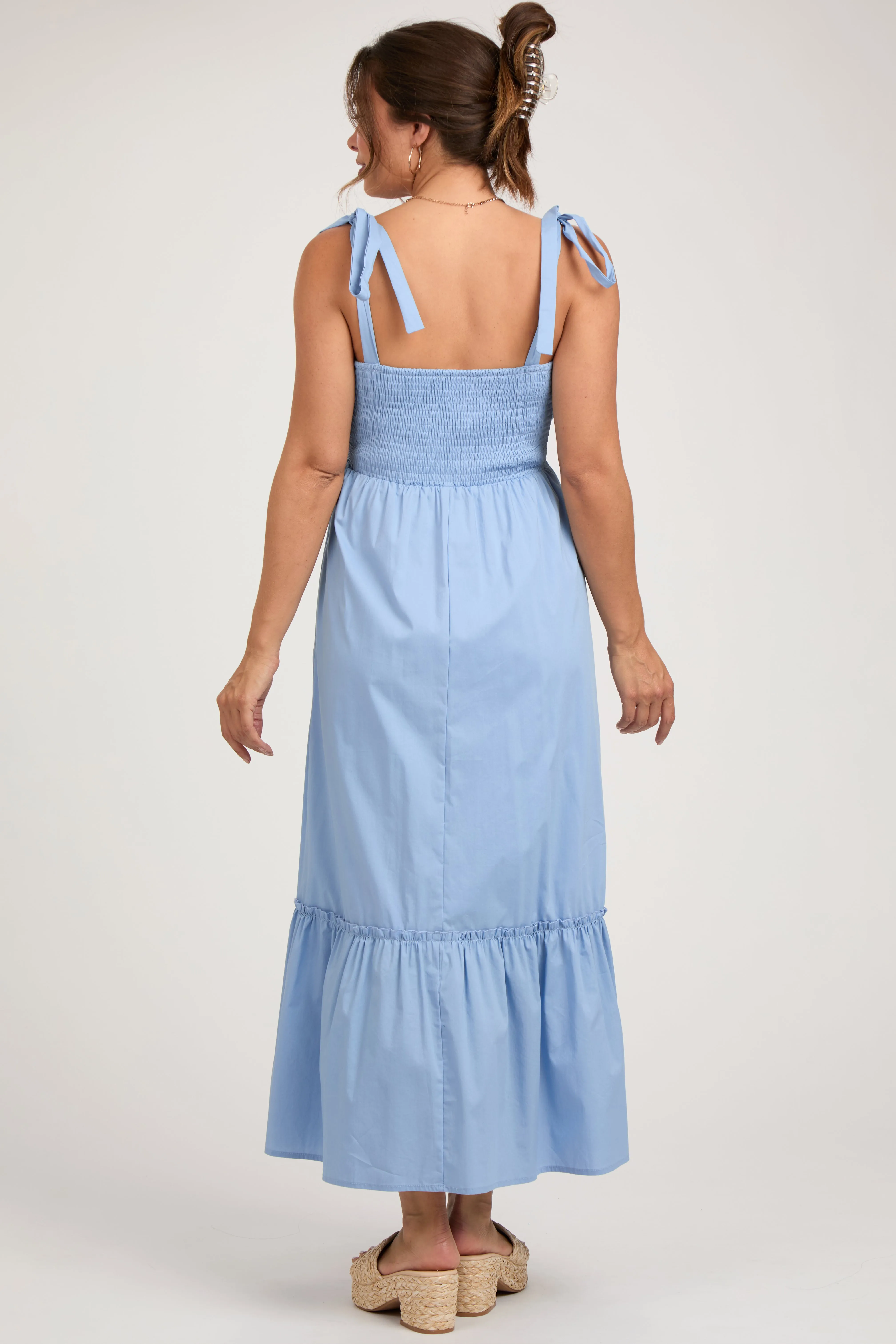 Light Blue Pleated Shoulder Tie Maternity Midi Dress sold by Pinkblush product image thumbnail 2