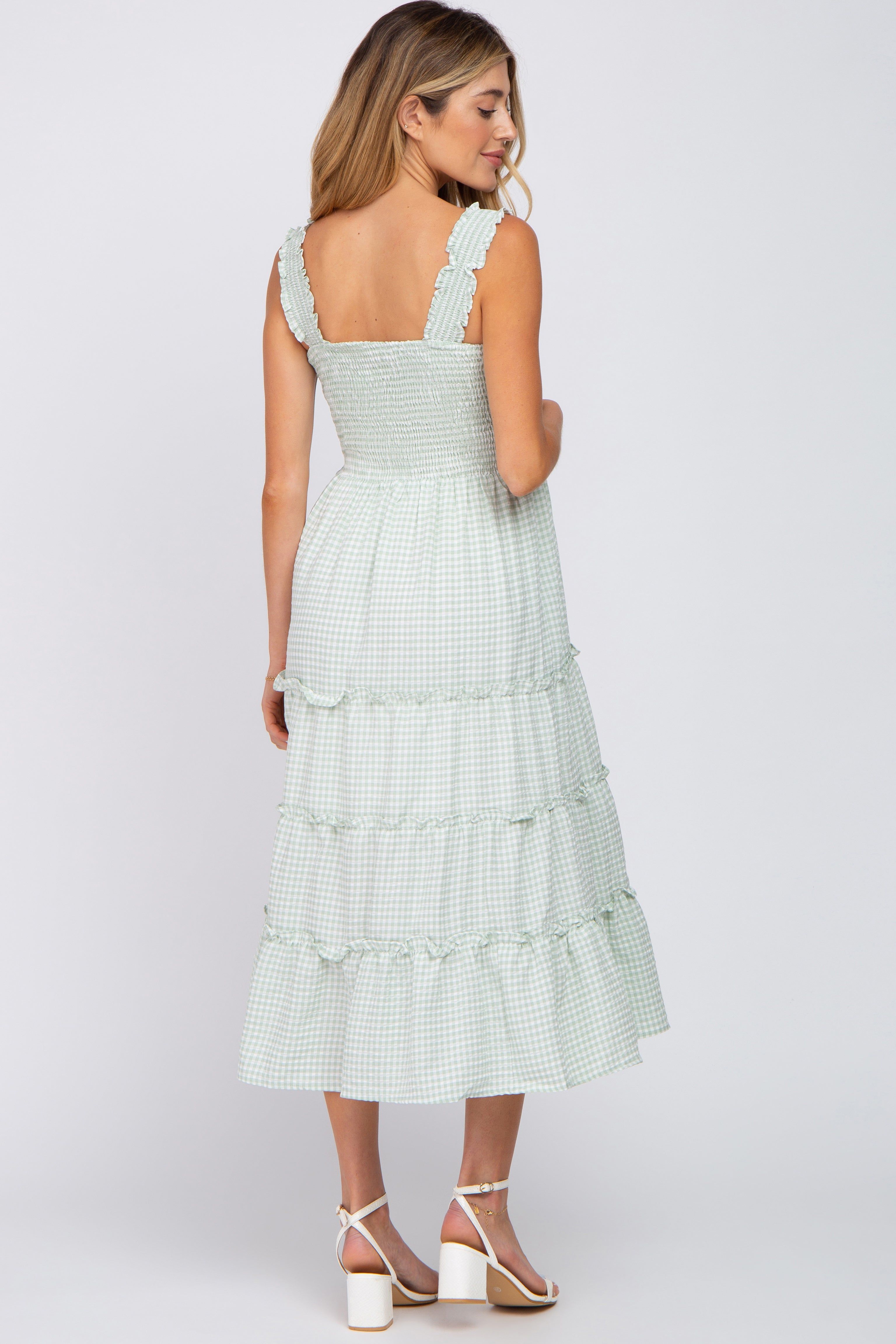Mint Green Gingham Smocked Tiered Maternity Midi Dress sold by Pinkblush product image thumbnail 3