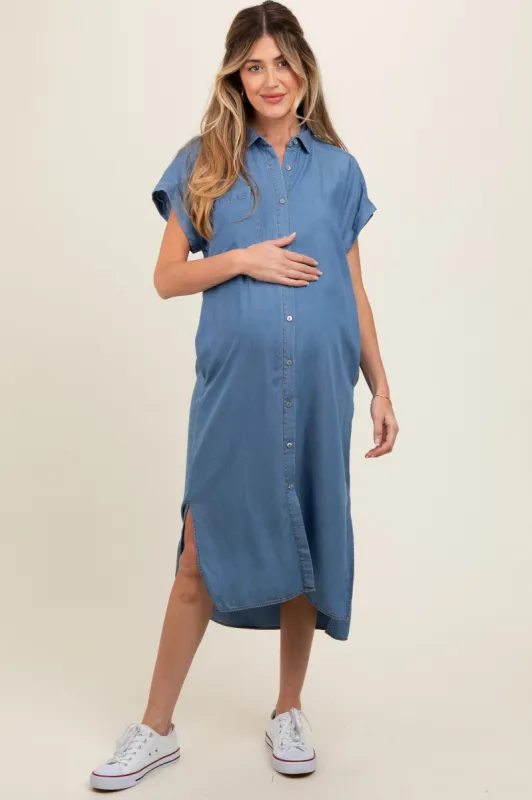 Blue Chambray Button Down Maternity Midi Dress sold by Pinkblush