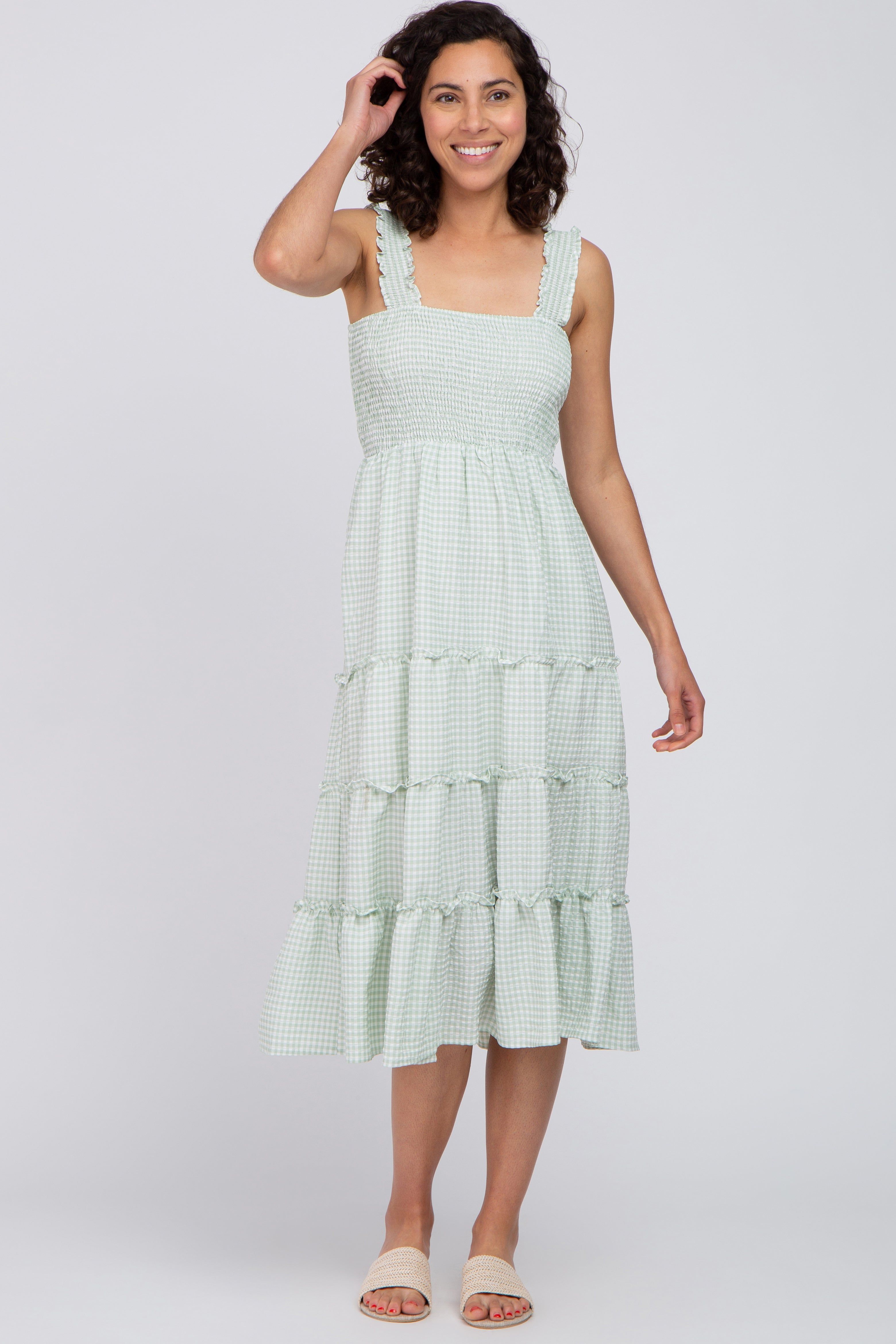 Mint Green Gingham Smocked Tiered Maternity Midi Dress sold by Pinkblush product image thumbnail 4