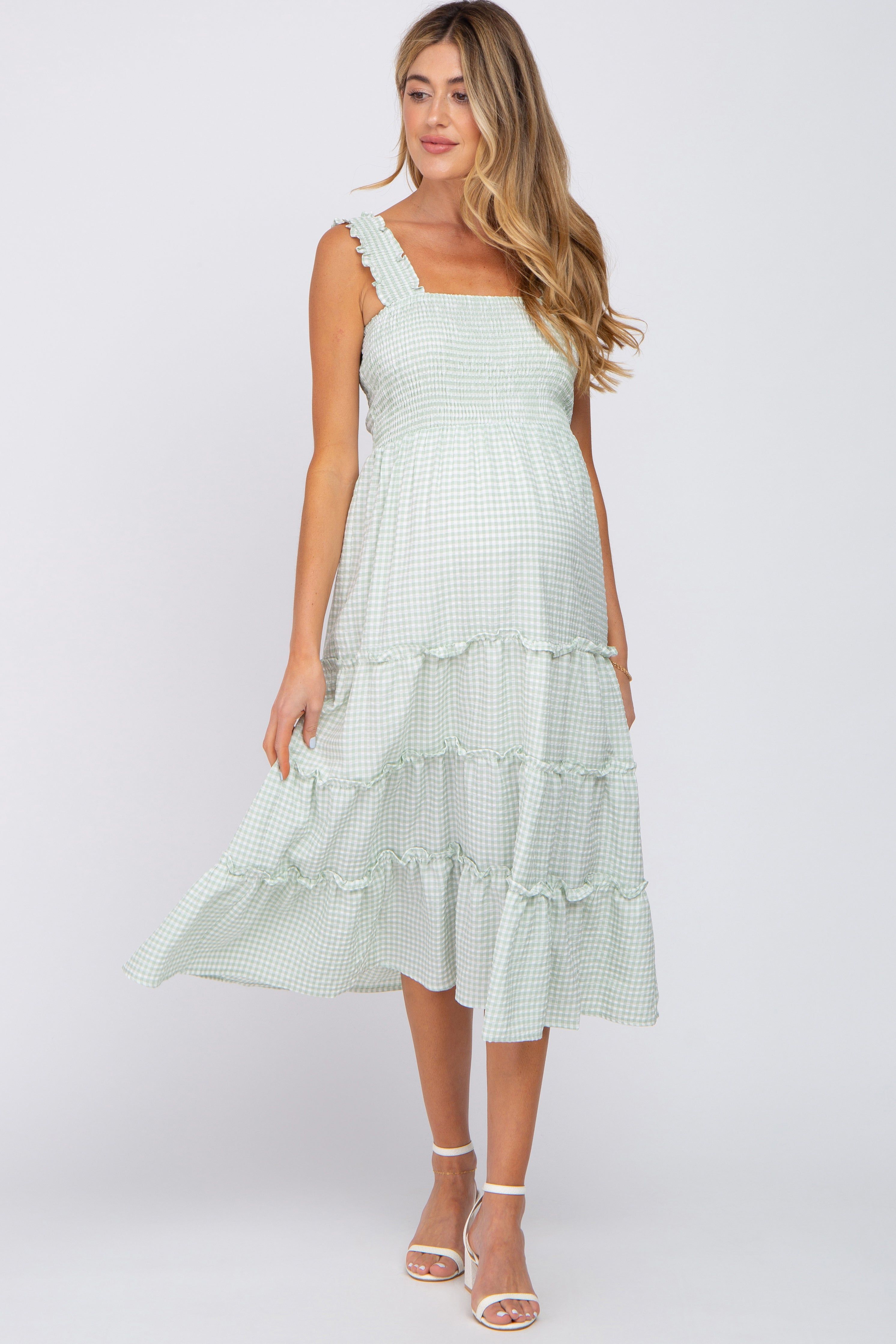 Mint Green Gingham Smocked Tiered Maternity Midi Dress sold by Pinkblush