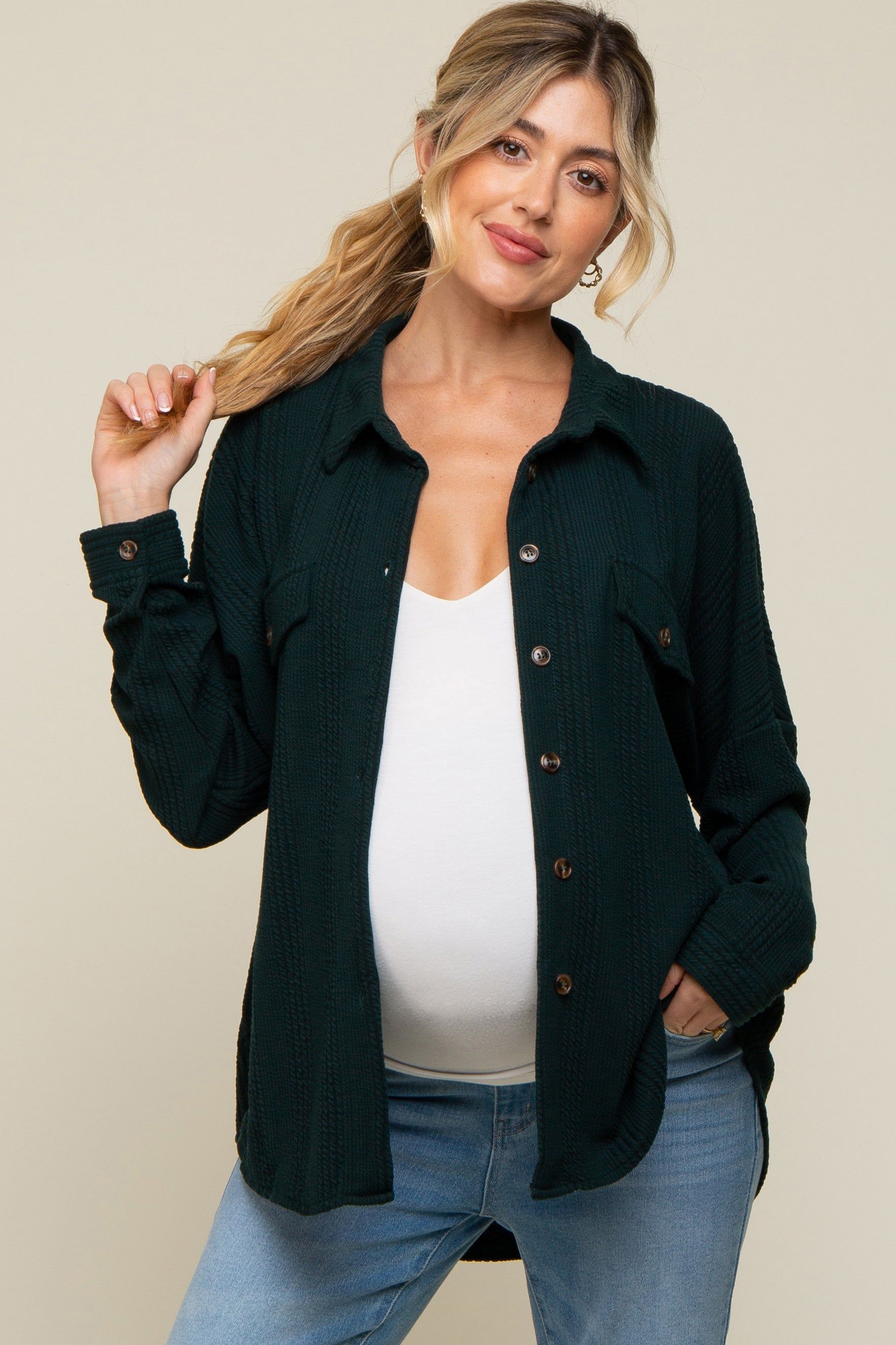 Forest Green Textured Button Front Collared Maternity Top sold by Pinkblush