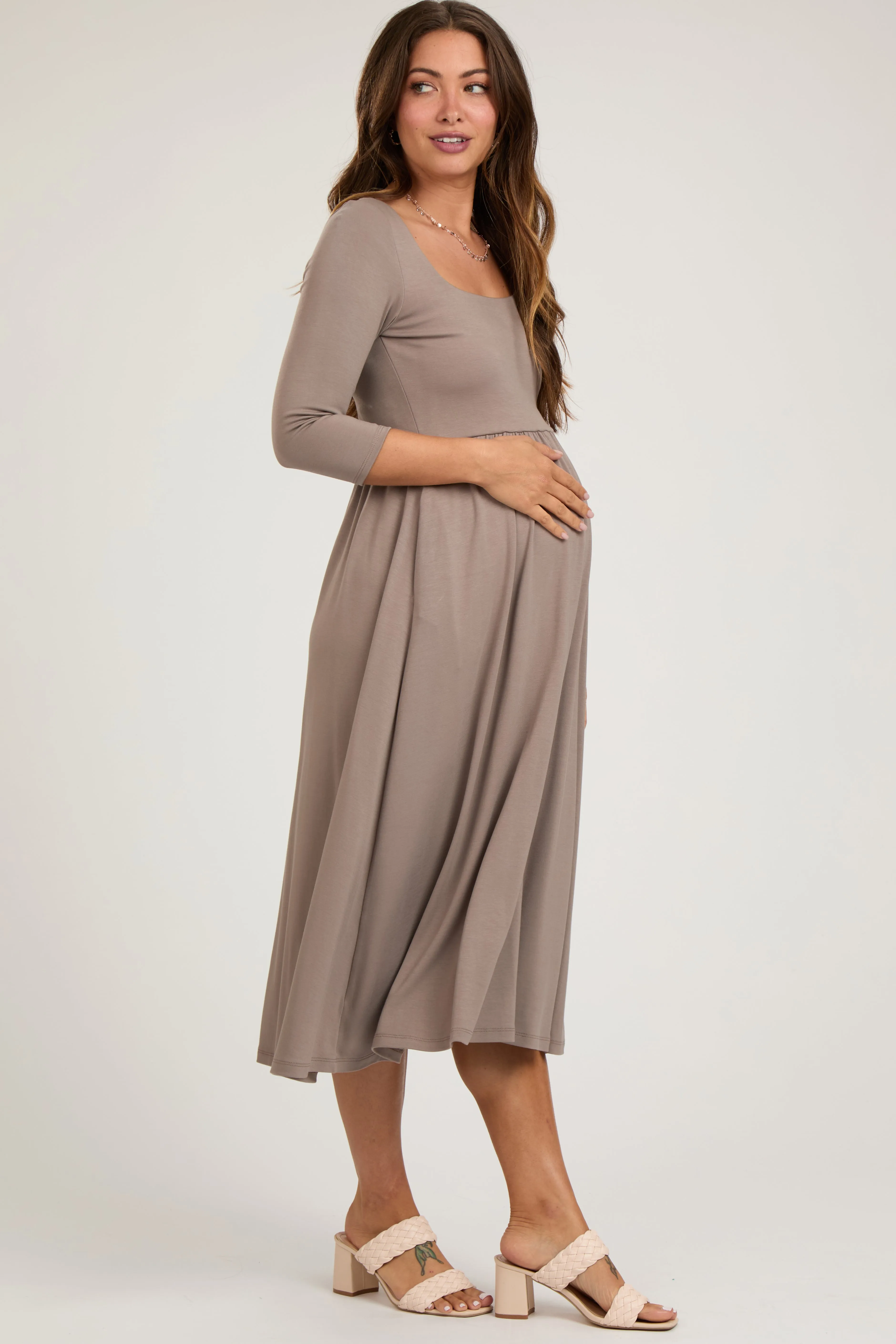 Mocha Square Neck 3/4 Sleeve Maternity Midi Dress sold by Pinkblush product image thumbnail 2