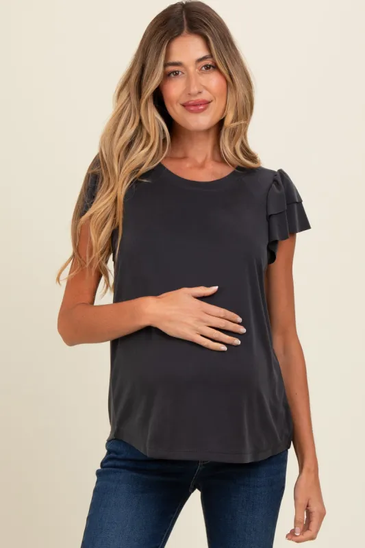 Black Ruffle Short Sleeve Maternity Top sold by Pinkblush