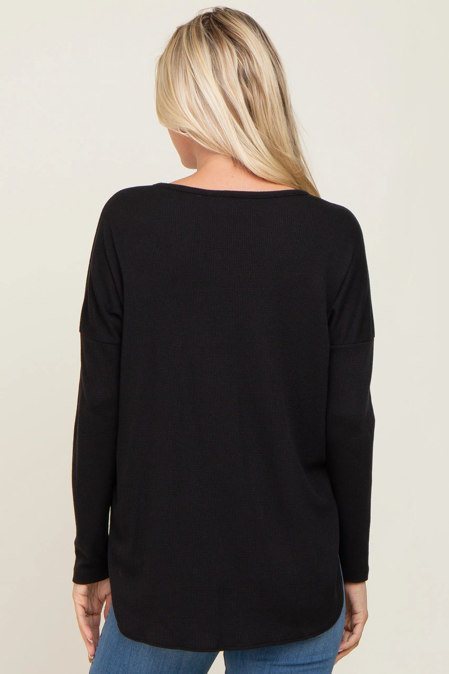 Black Waffle Knit Curved Hem Long Sleeve Top sold by Pinkblush product image thumbnail 3