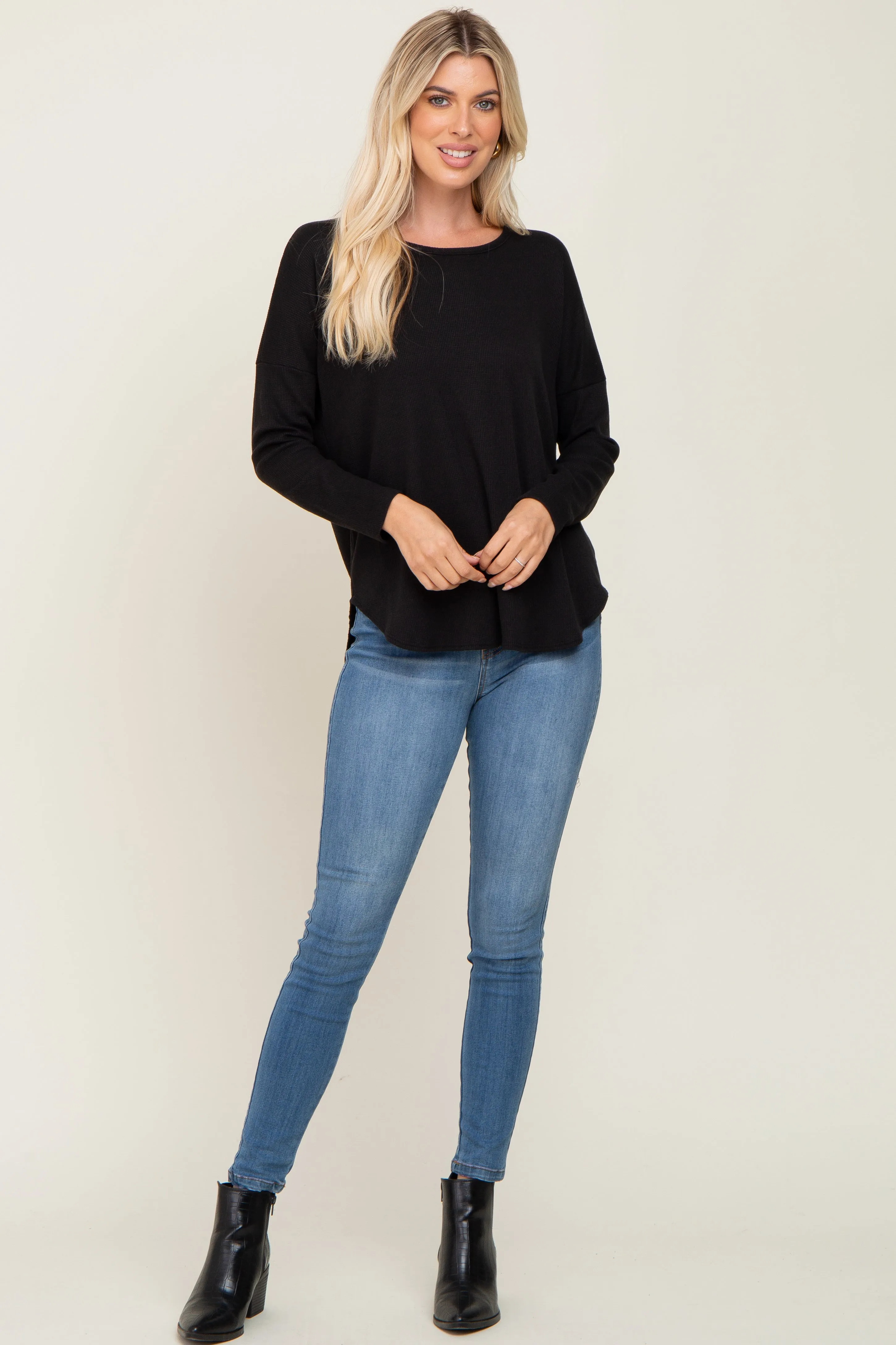Black Waffle Knit Curved Hem Long Sleeve Top sold by Pinkblush product image thumbnail 4