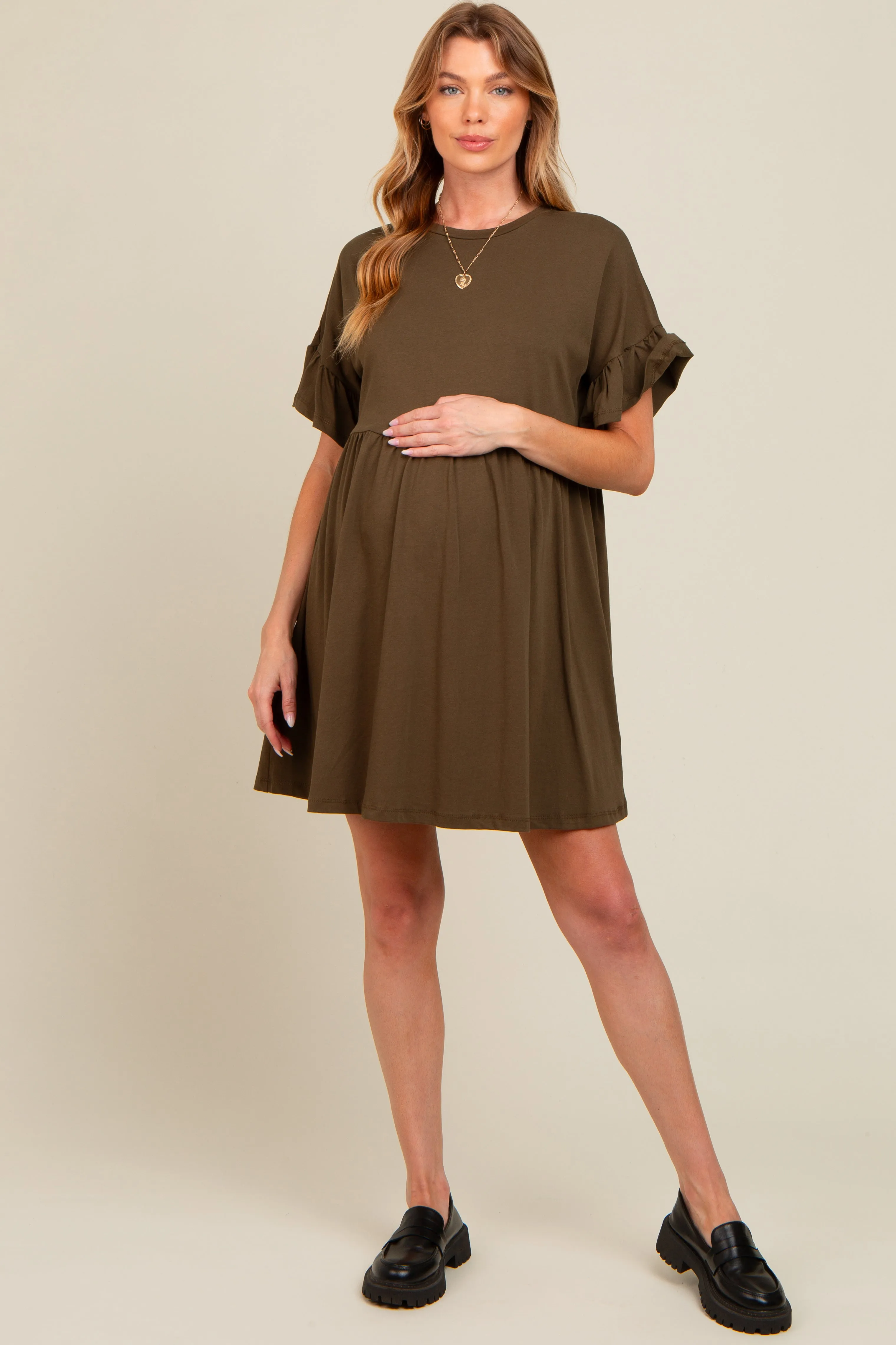Olive Ruffle Sleeve Maternity Dress sold by Pinkblush