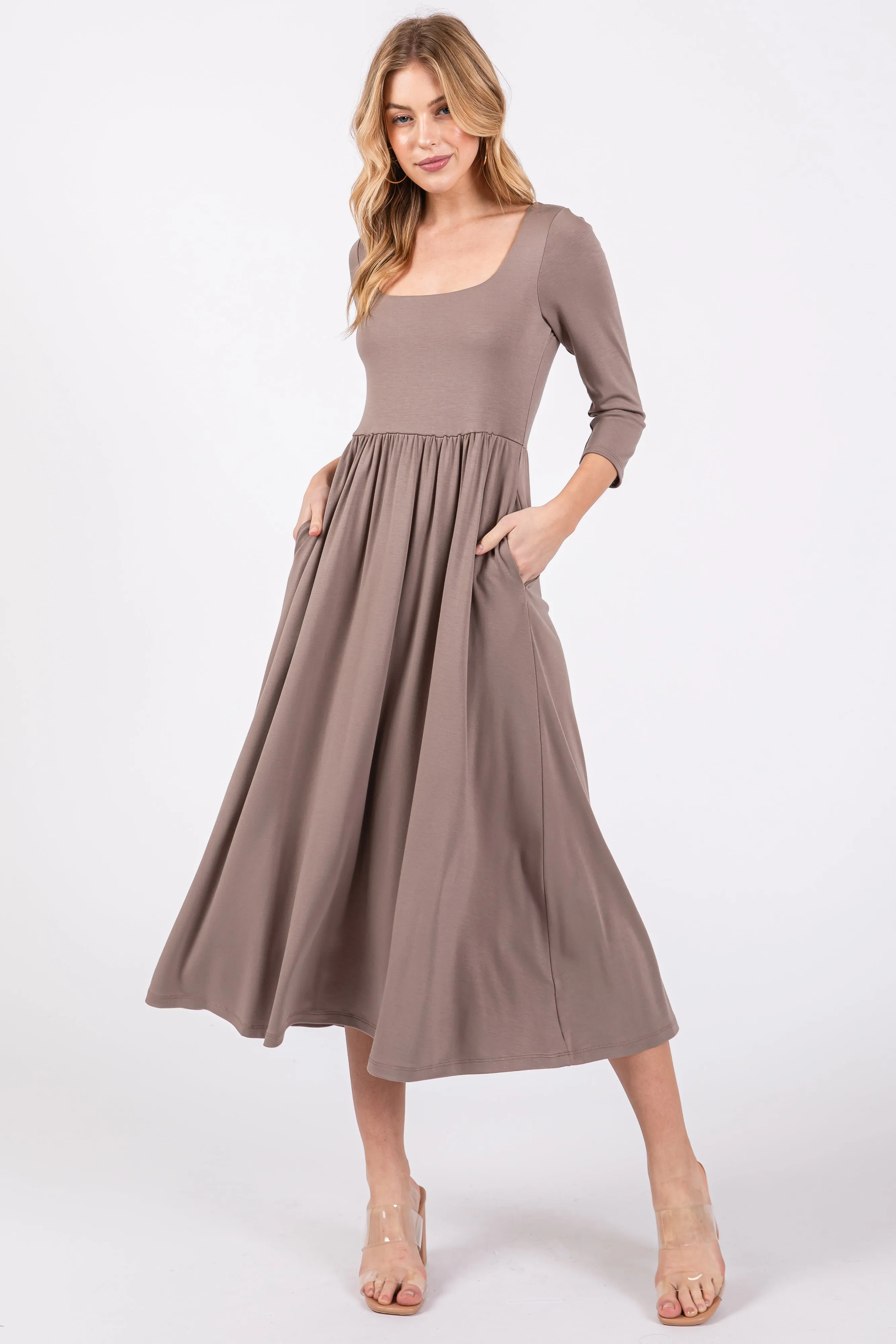 Mocha Square Neck 3/4 Sleeve Maternity Midi Dress sold by Pinkblush product image thumbnail 4