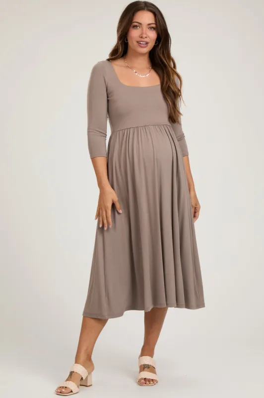 Mocha Square Neck 3/4 Sleeve Maternity Midi Dress sold by Pinkblush
