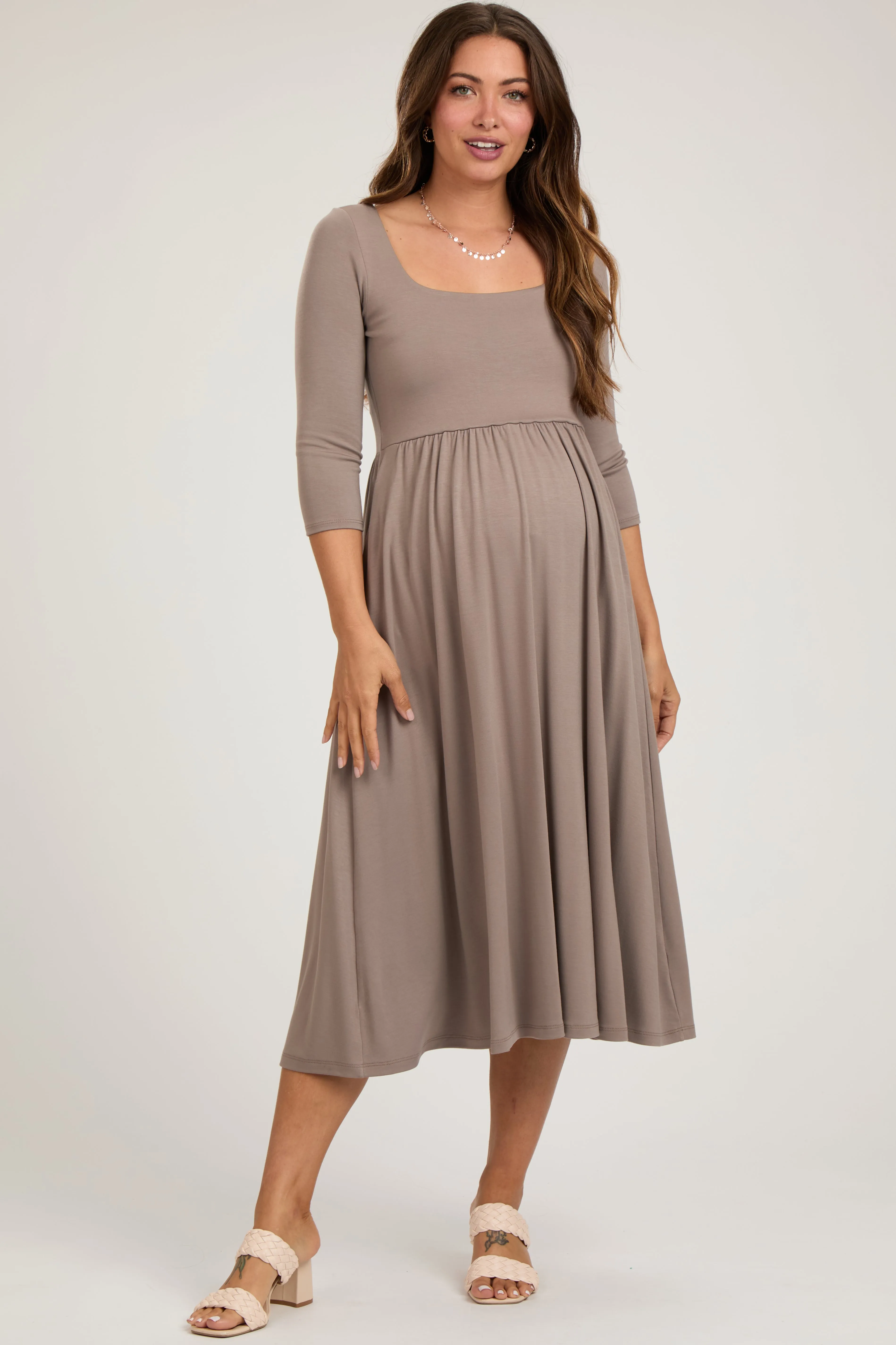 Mocha Square Neck 3/4 Sleeve Maternity Midi Dress sold by Pinkblush