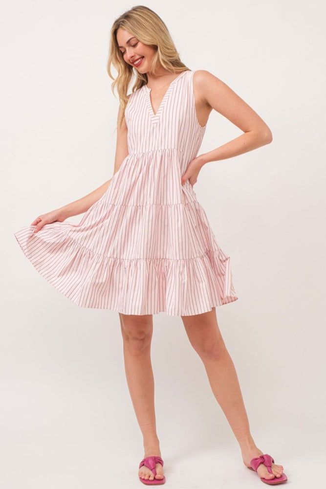 Pink Vertical Striped V Neck Sleeveless Midi Dress sold by Pinkblush