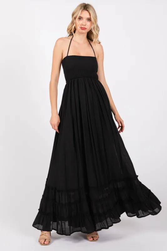 Black Smocked Halter Cutout Maxi Dress sold by Pinkblush