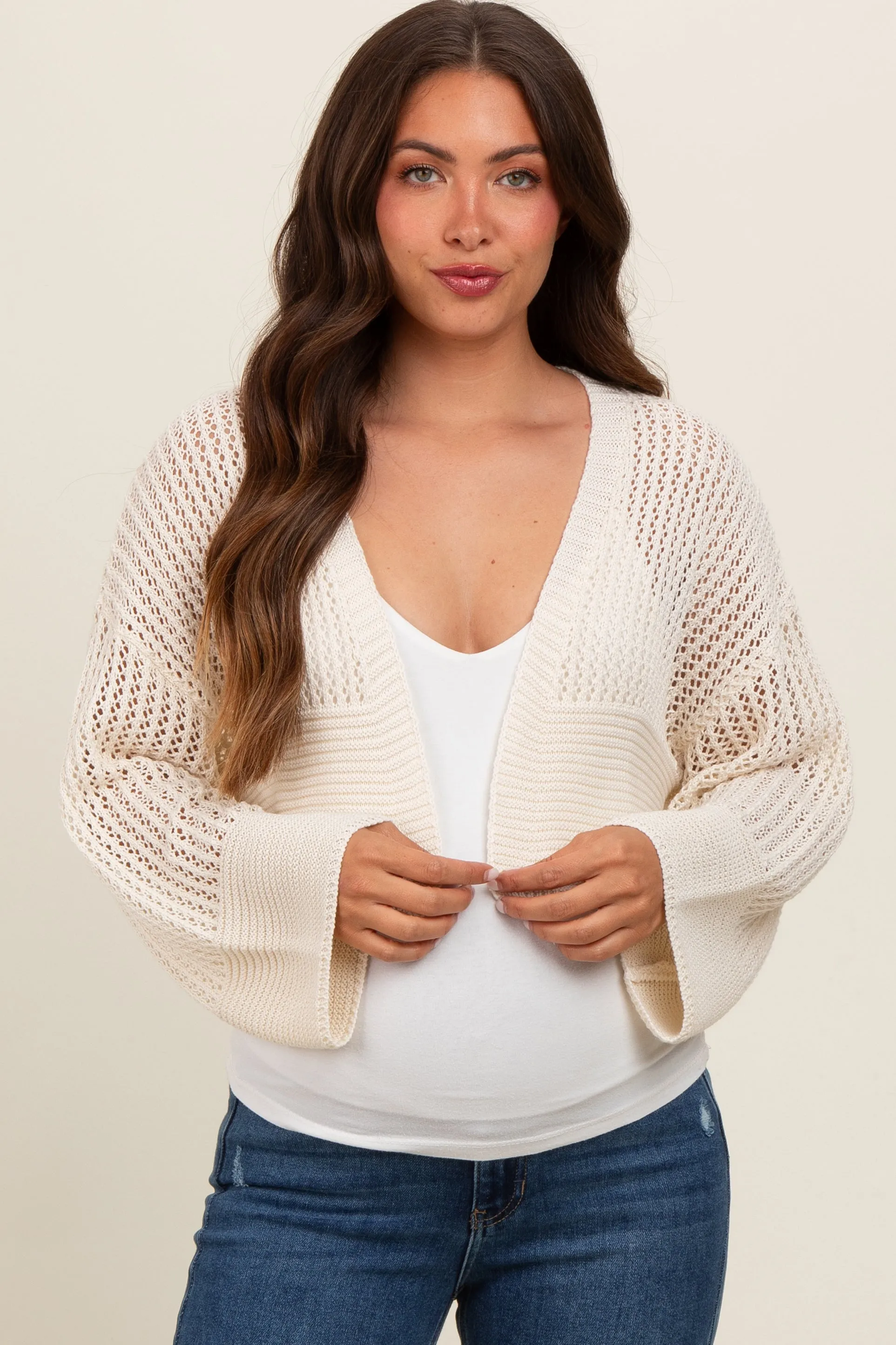 Ivory Open Knit Cropped Maternity Cardigan sold by Pinkblush