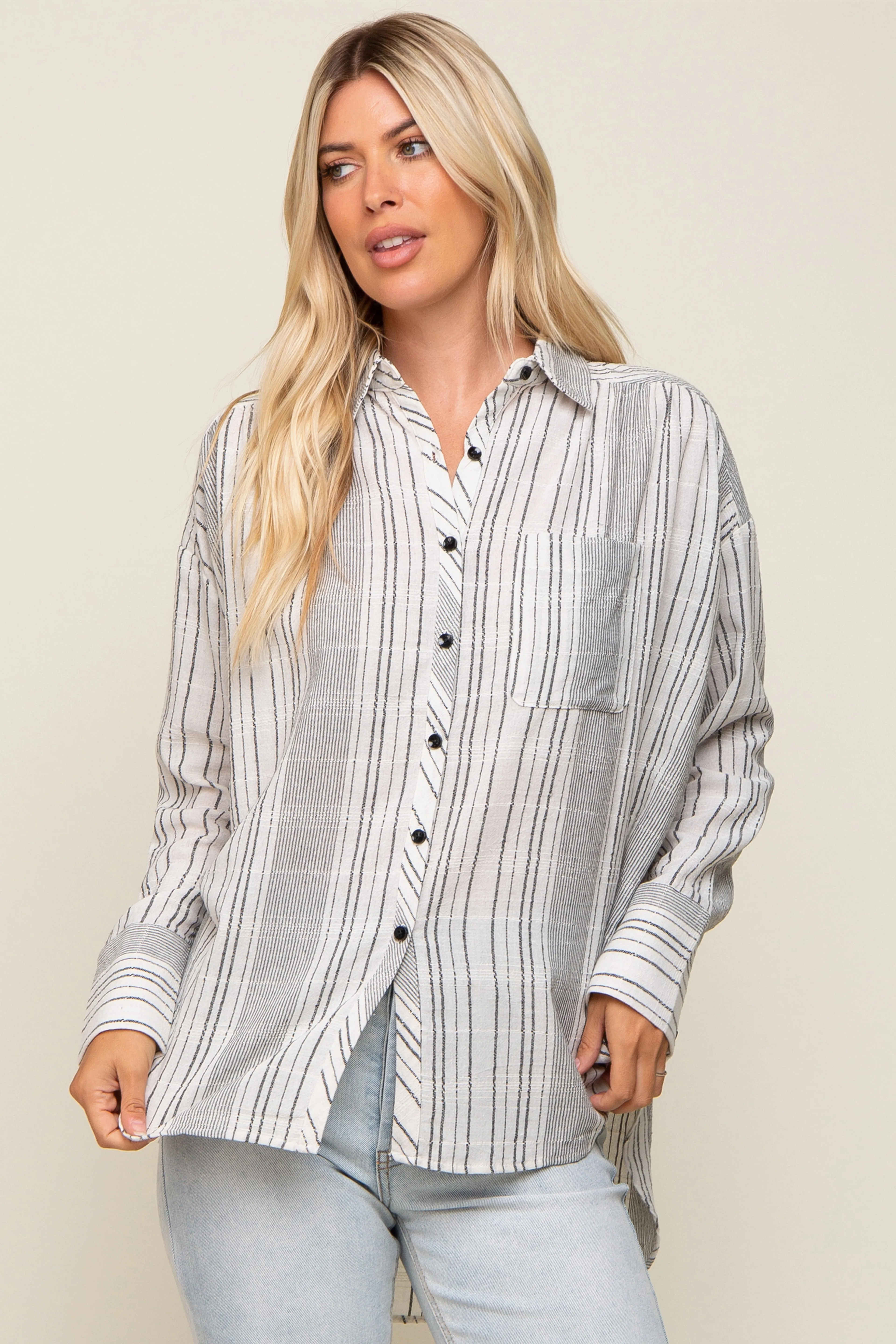 White Textured Stripe Button Down Hi-Low Top sold by Pinkblush