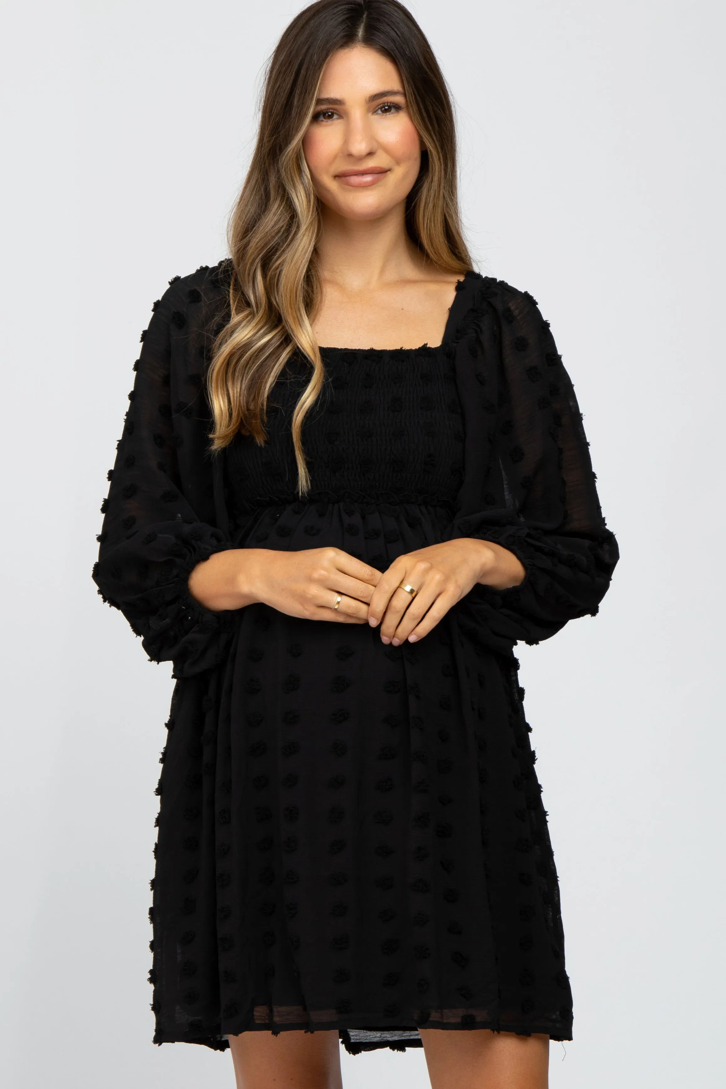 Black Textured Dot Smocked Square Neck Chiffon Maternity Dress sold by Pinkblush product image thumbnail 4