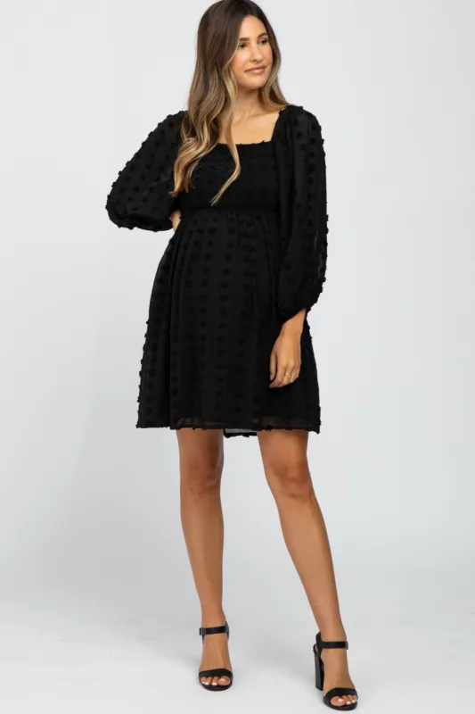 Black Textured Dot Smocked Square Neck Chiffon Maternity Dress sold by Pinkblush