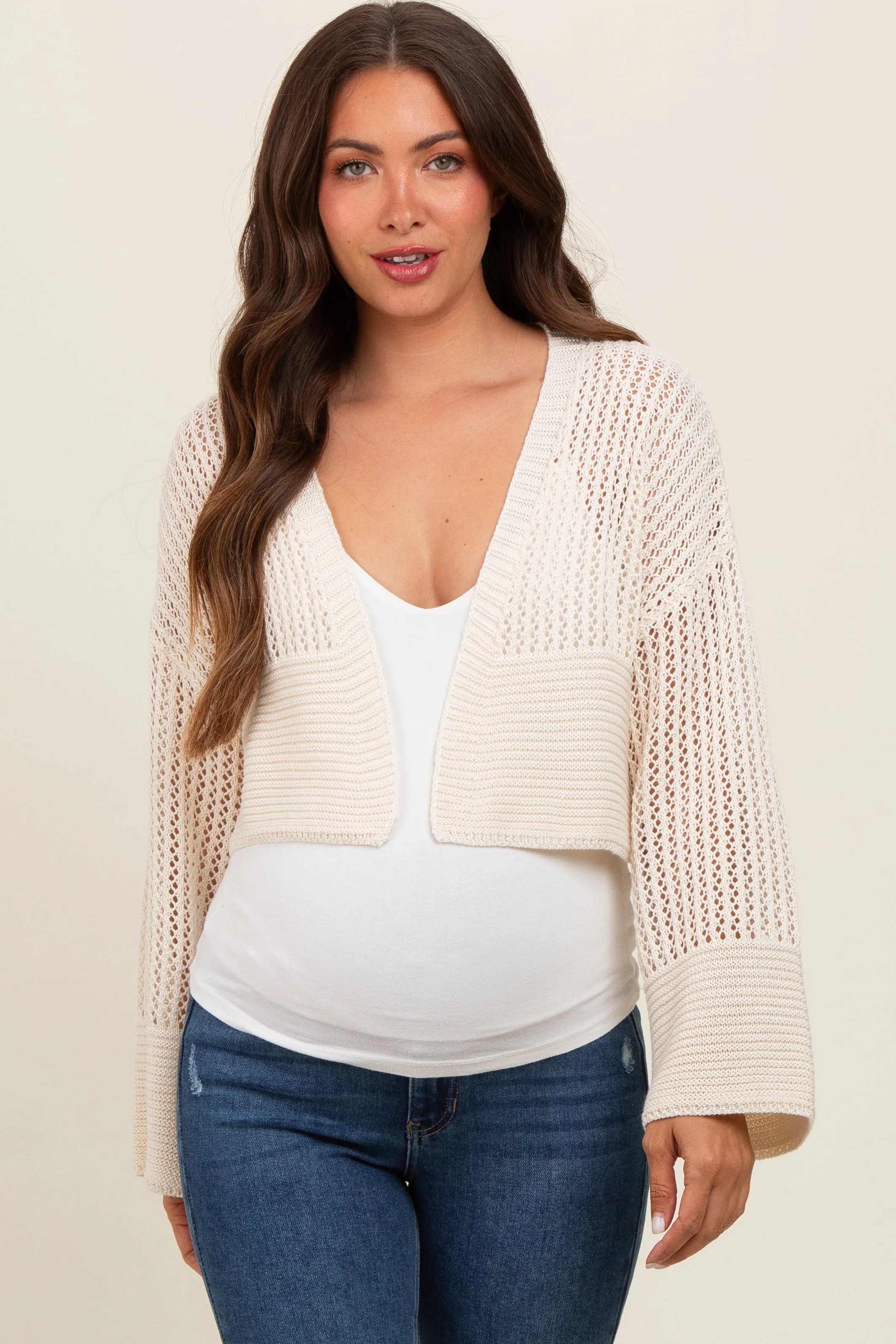 Ivory Open Knit Cropped Maternity Cardigan sold by Pinkblush product image thumbnail 2
