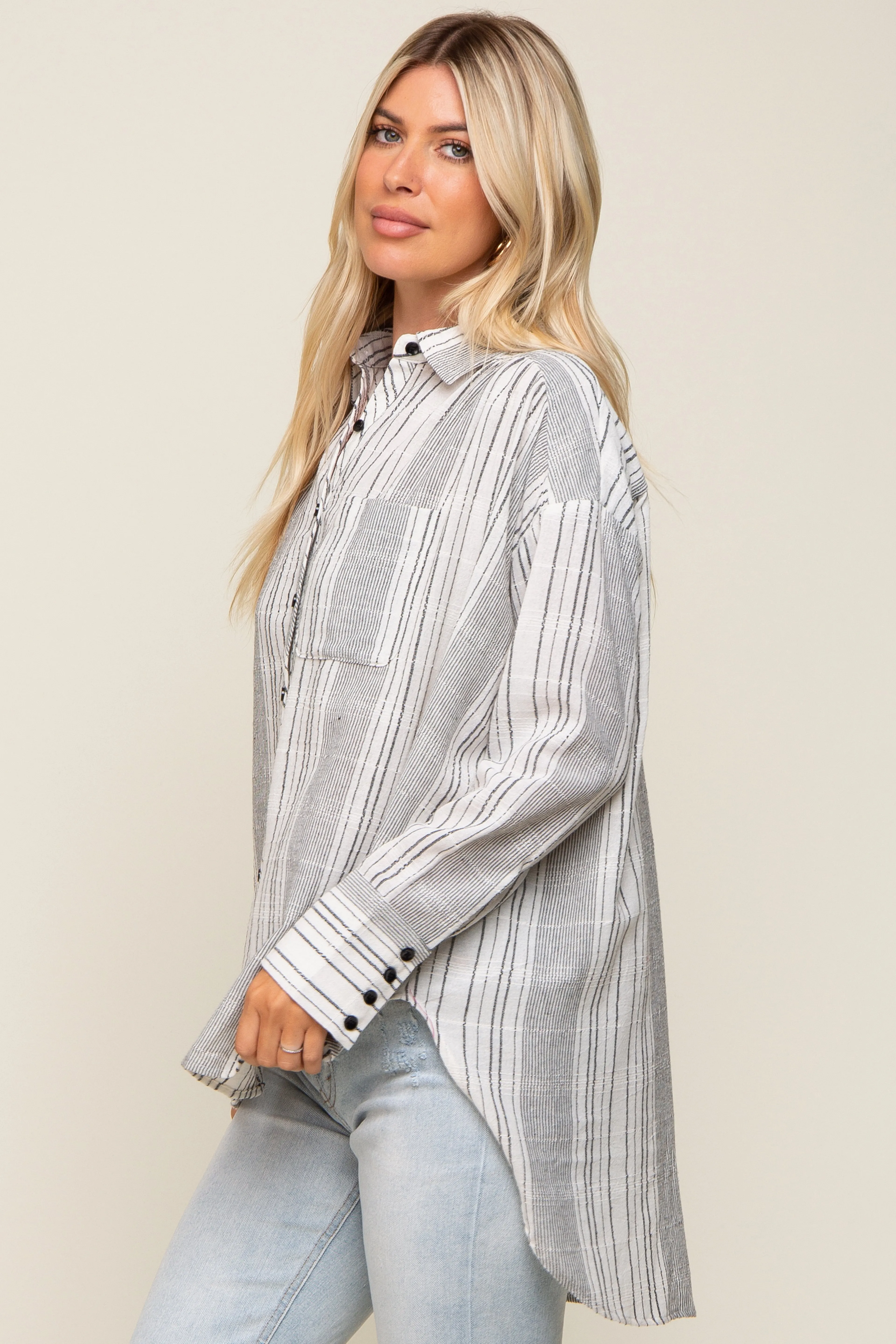 White Textured Stripe Button Down Hi-Low Top sold by Pinkblush product image thumbnail 2