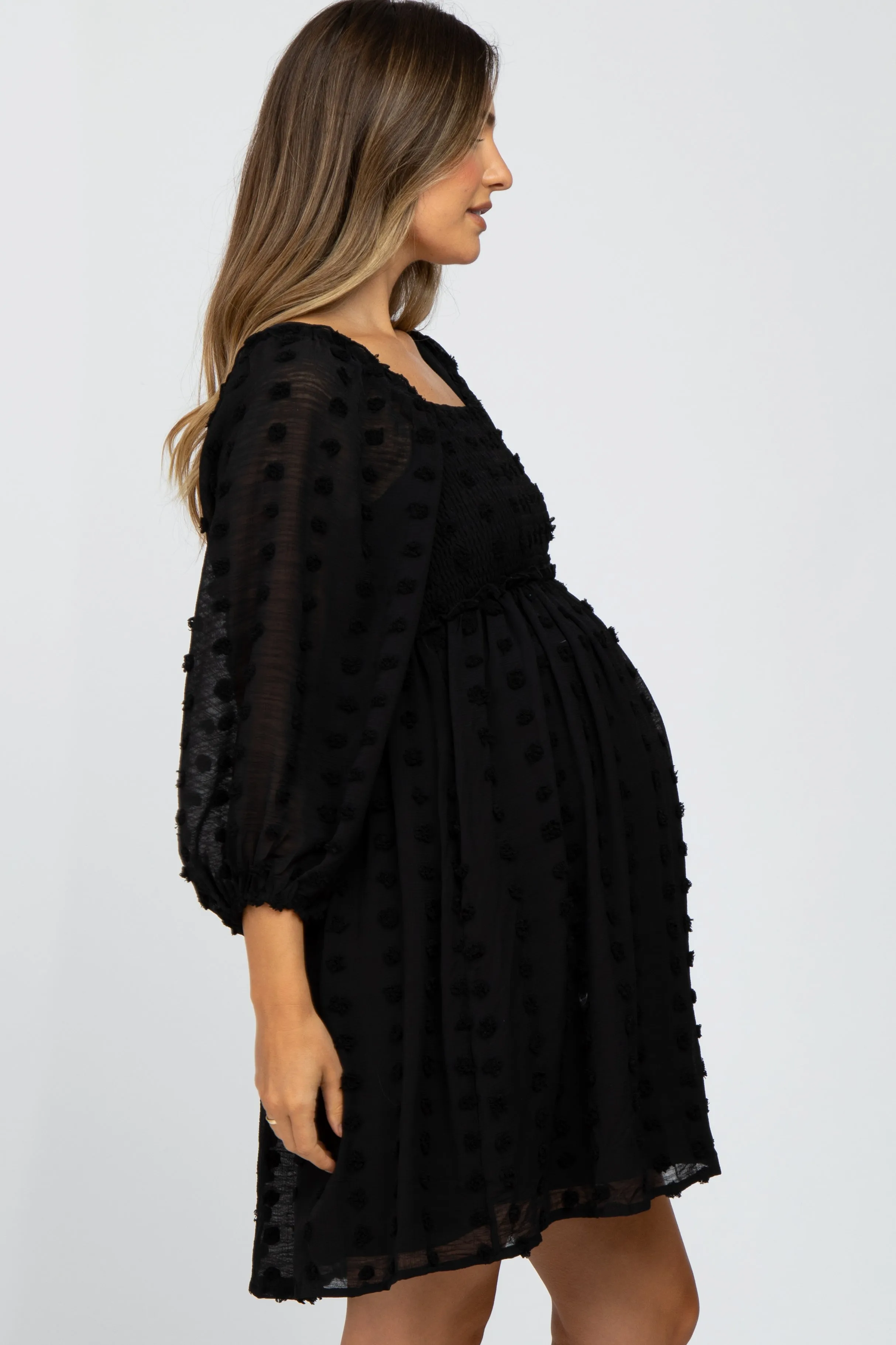 Black Textured Dot Smocked Square Neck Chiffon Maternity Dress sold by Pinkblush product image thumbnail 2