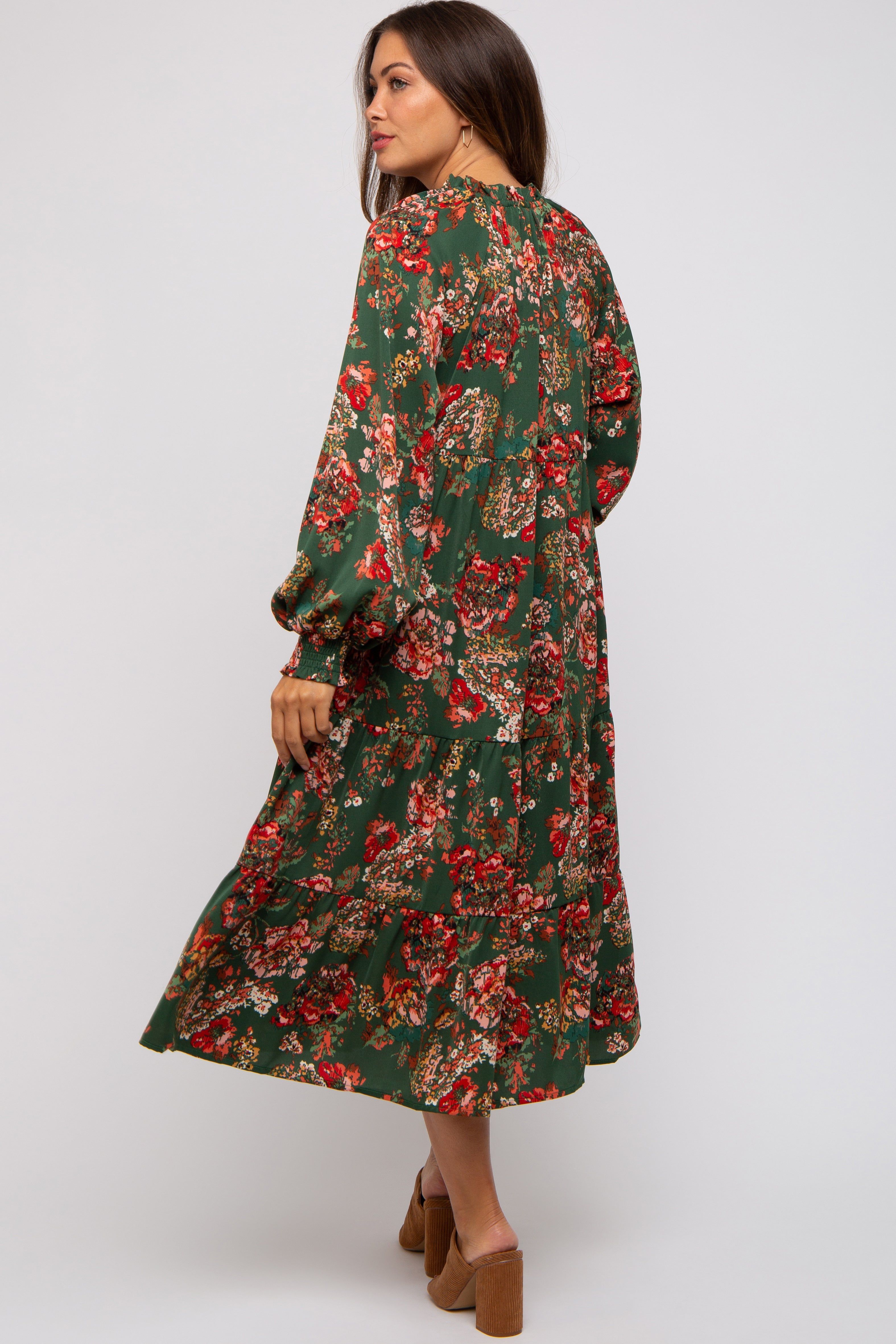 Forest Green Floral Ruffle Neck Tiered Maternity Midi Dress sold by Pinkblush product image thumbnail 4