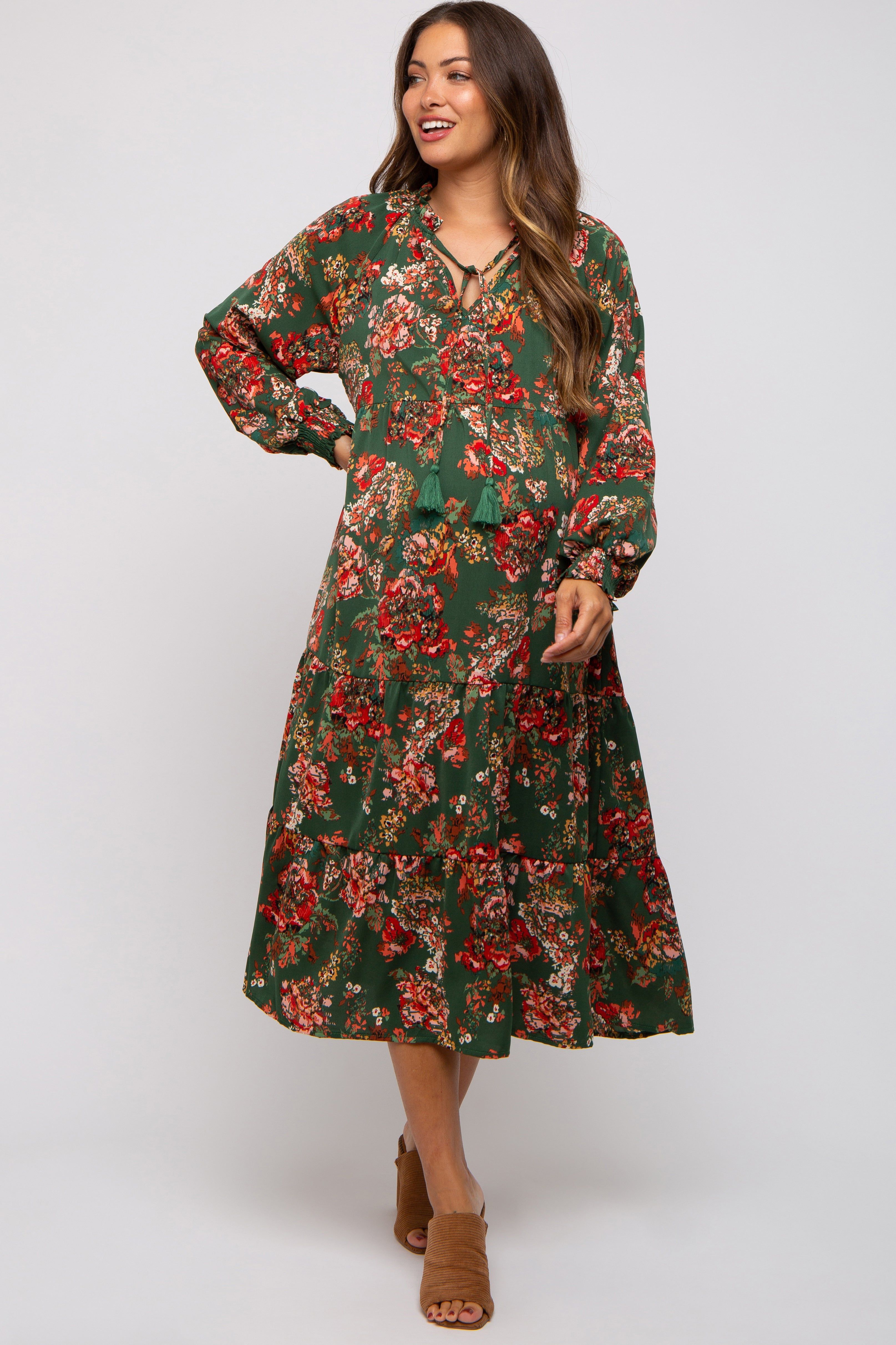 Forest Green Floral Ruffle Neck Tiered Maternity Midi Dress sold by Pinkblush