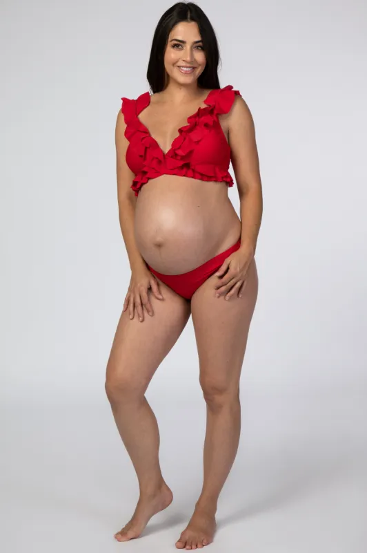 Red Ruffle Accent Maternity Bikini Set sold by Pinkblush