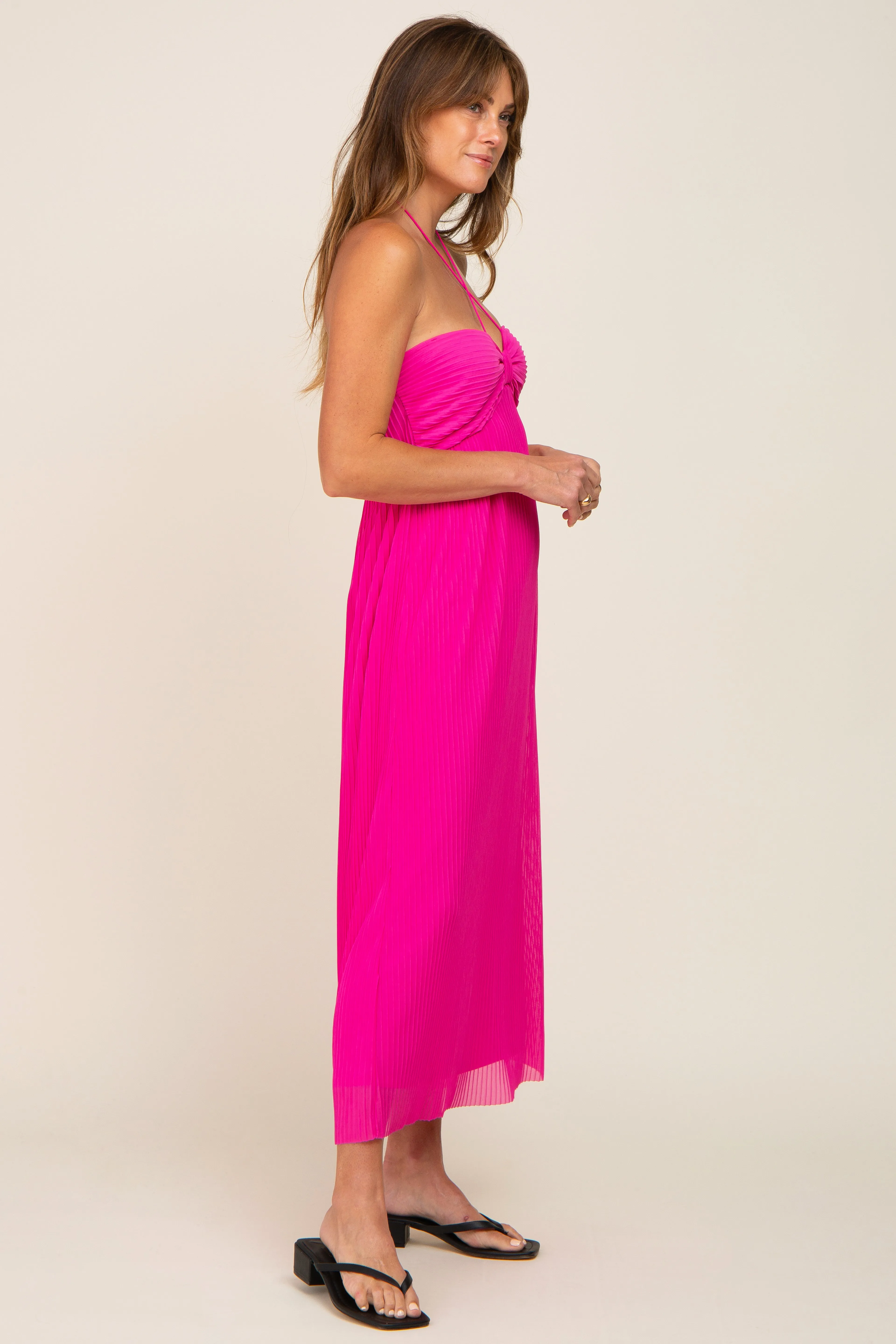Fuchsia Pleated Cross Front Halter Midi Dress sold by Pinkblush product image thumbnail 2