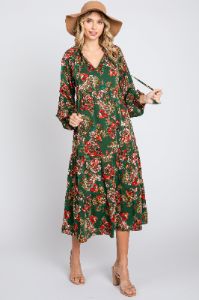 Forest Green Floral Ruffle Neck Tiered Maternity Midi Dress sold by Pinkblush
