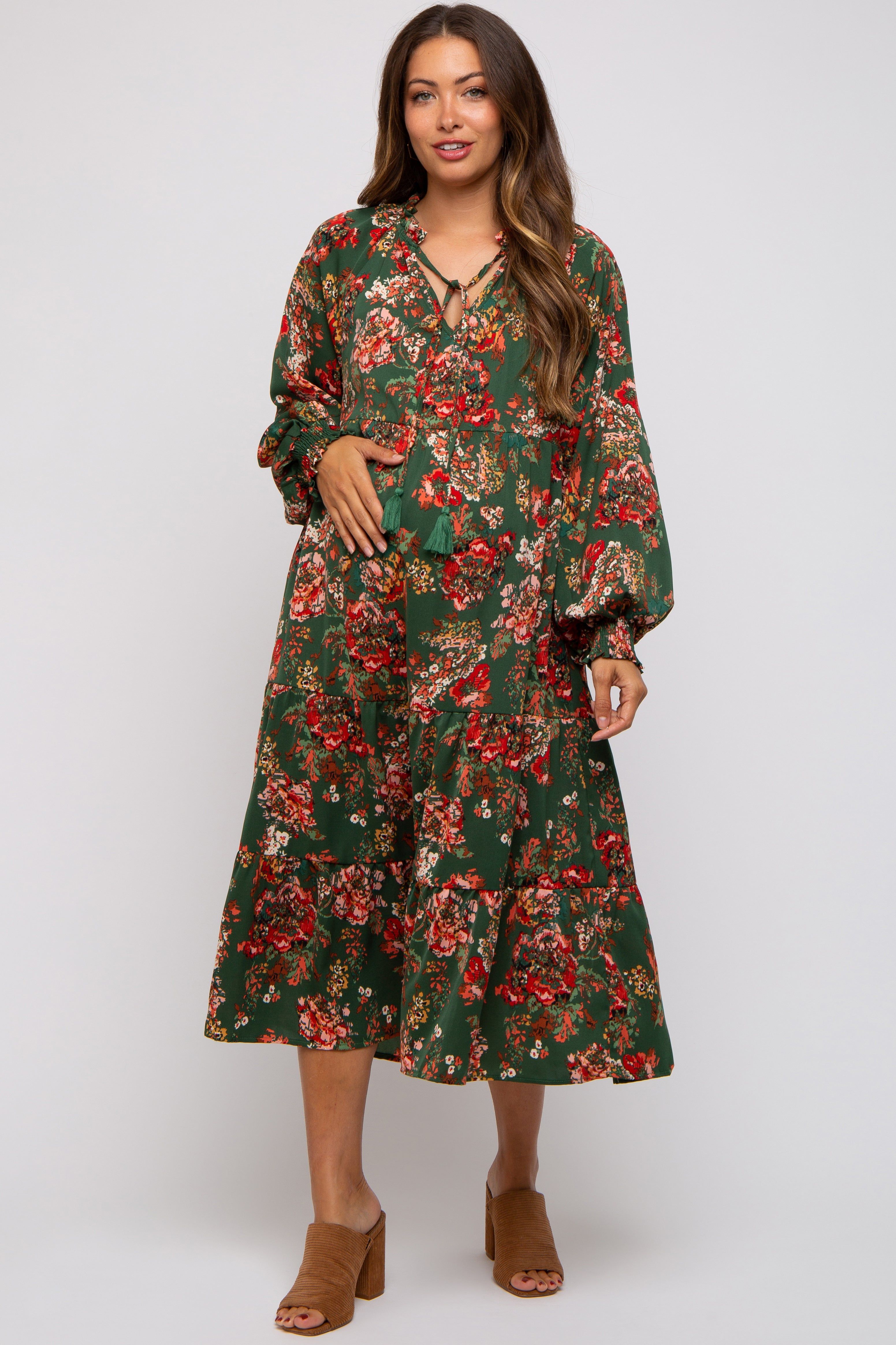 Forest Green Floral Ruffle Neck Tiered Maternity Midi Dress sold by Pinkblush product image thumbnail 2