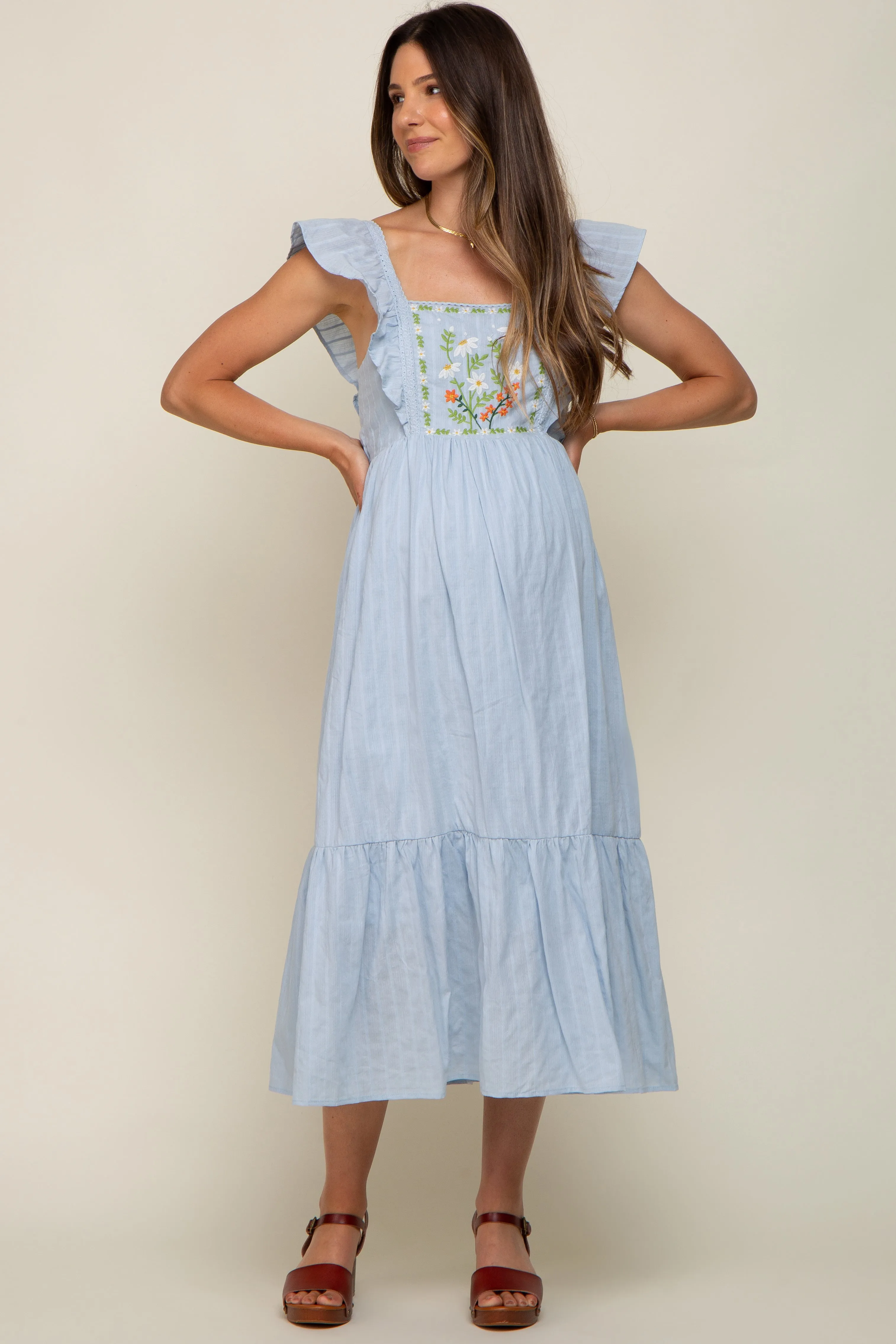 Light Blue Floral Embroidered Tie Back Maternity Midi Dress sold by Pinkblush product image thumbnail 4