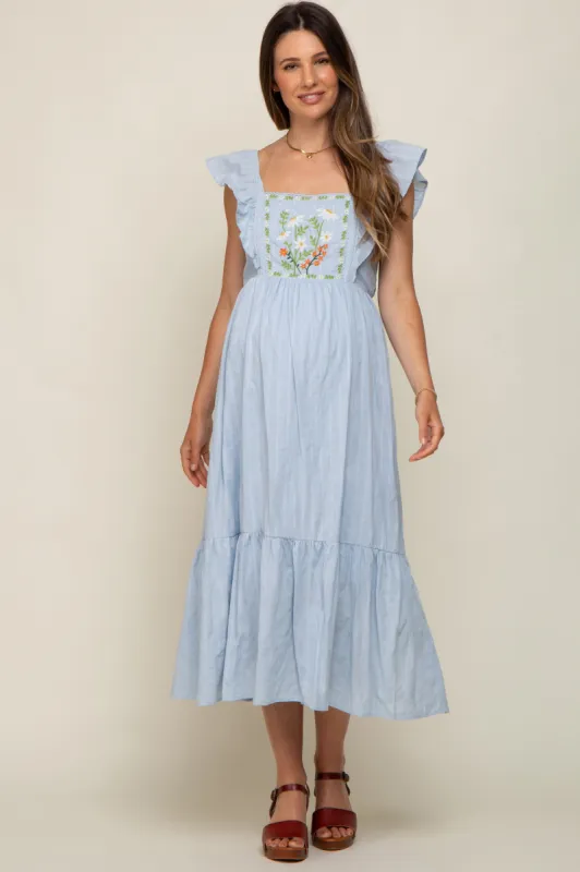 Light Blue Floral Embroidered Tie Back Maternity Midi Dress sold by Pinkblush