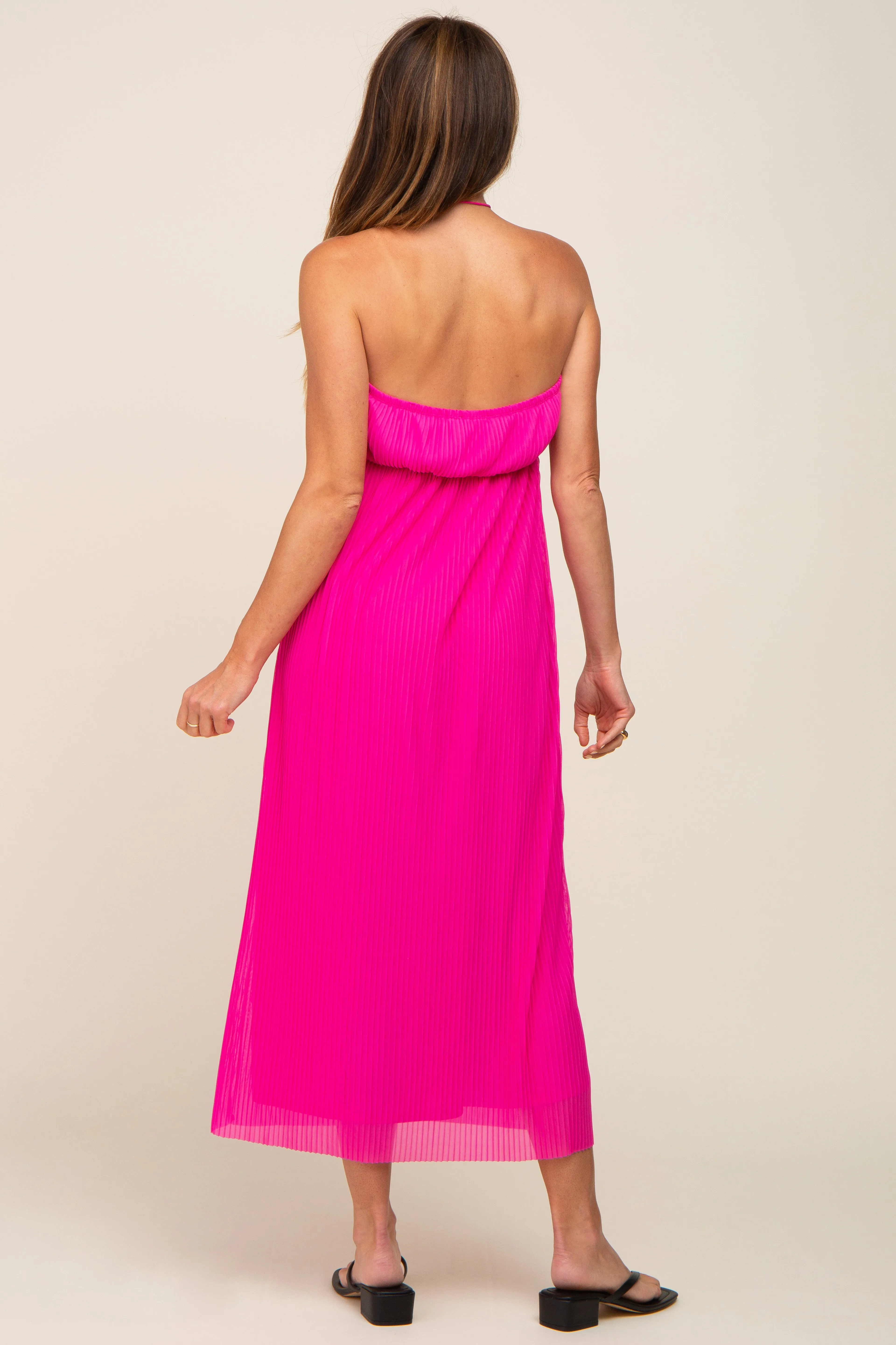 Fuchsia Pleated Cross Front Halter Midi Dress sold by Pinkblush product image thumbnail 3