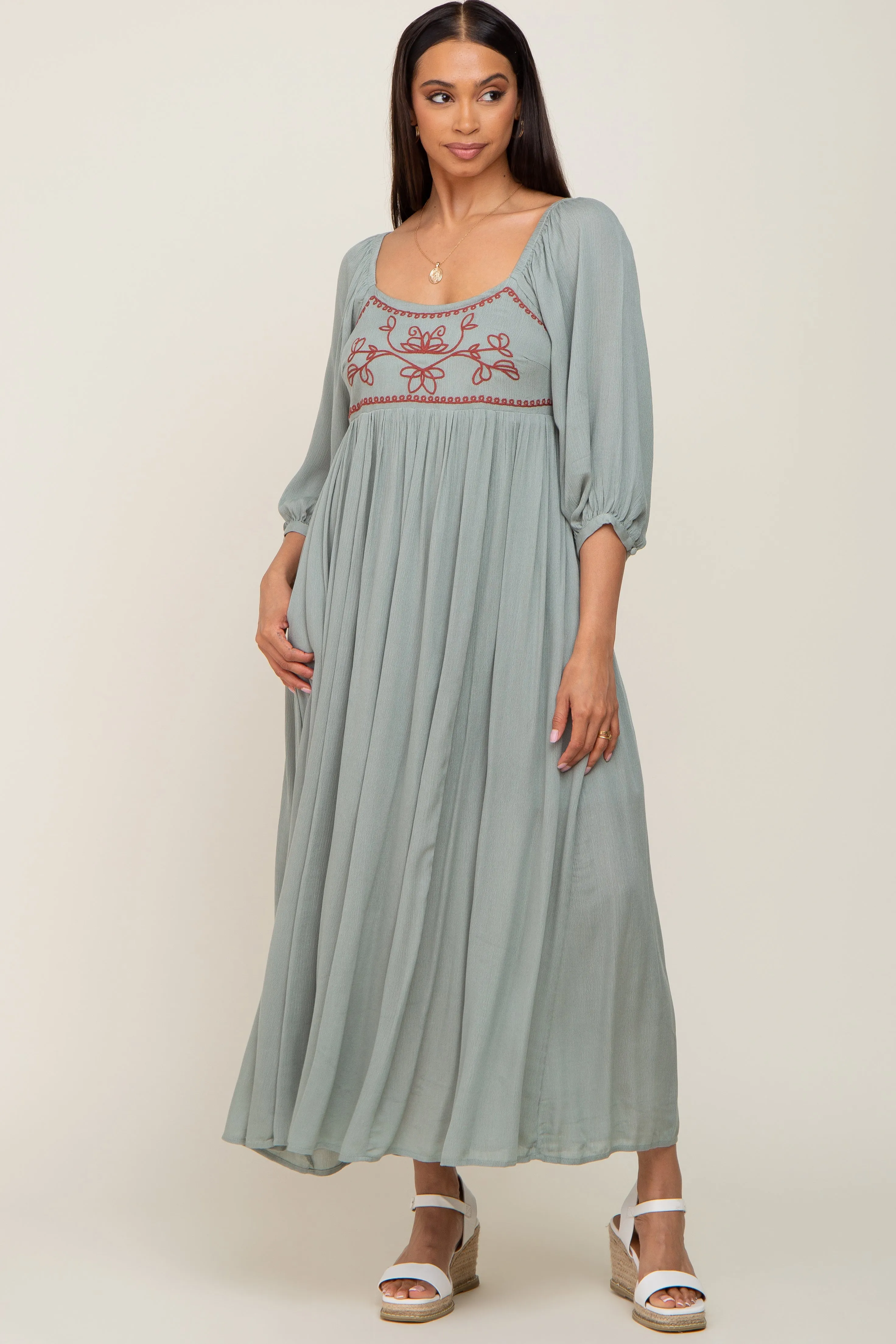 Mint Embroidered 3/4 Sleeve Maxi Dress sold by Pinkblush product image thumbnail 5