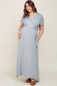 Dark Mint Basic Maternity Plus Wrap Maxi Dress sold by Pinkblush
