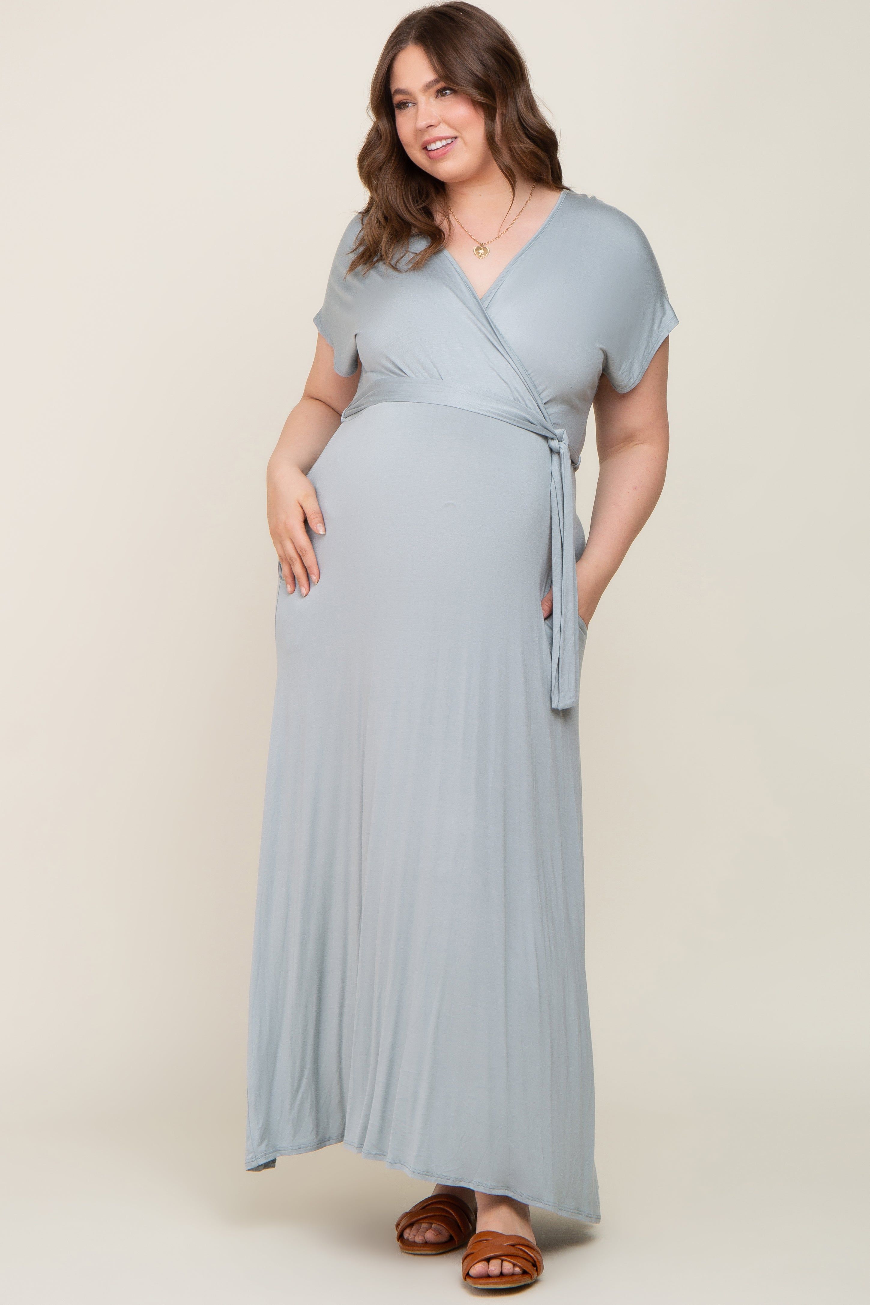 Dark Mint Basic Maternity Plus Wrap Maxi Dress sold by Pinkblush product image thumbnail 4