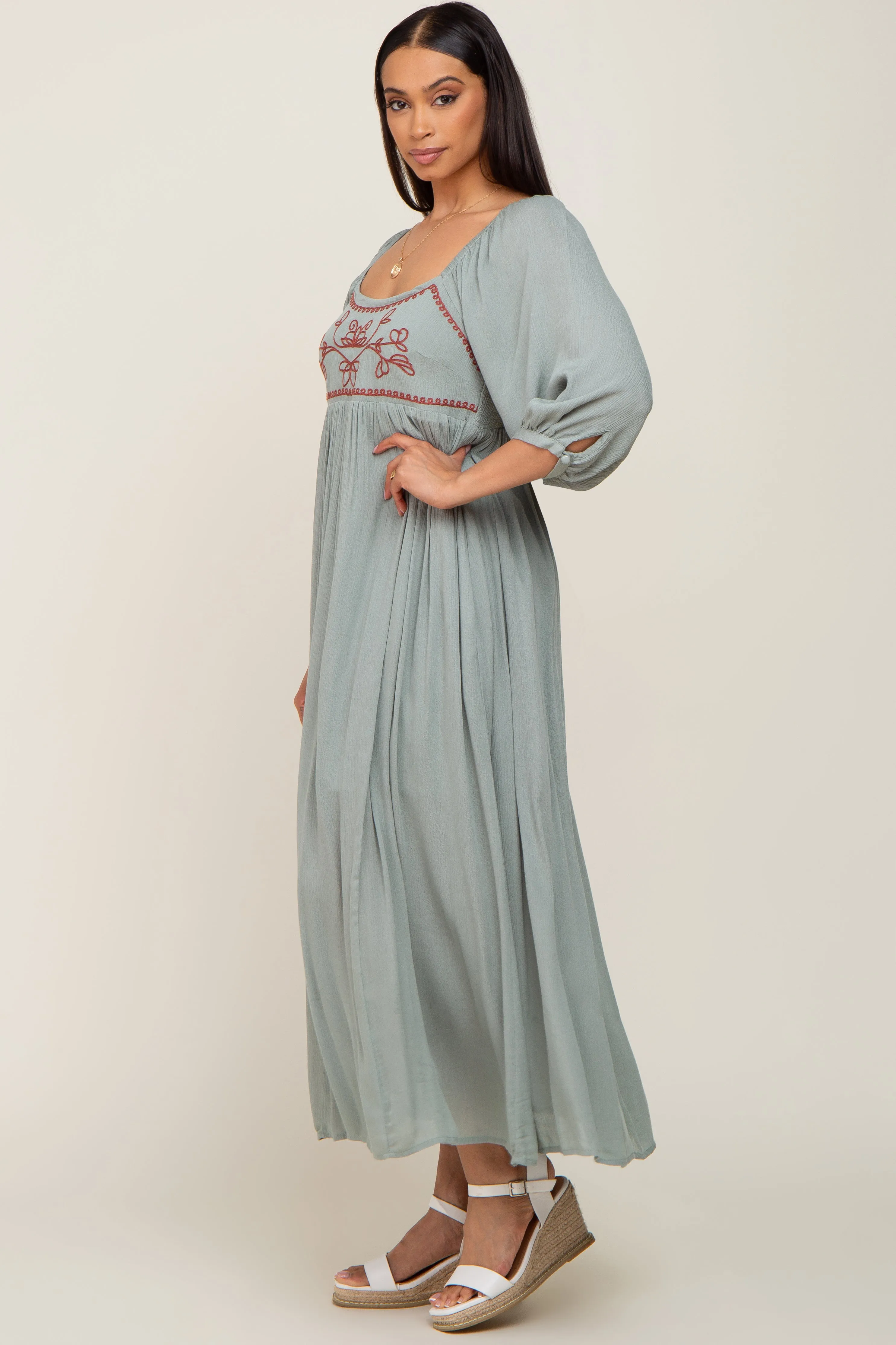Mint Embroidered 3/4 Sleeve Maxi Dress sold by Pinkblush product image thumbnail 2