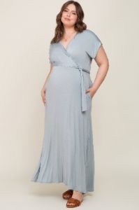 Dark Mint Basic Maternity Plus Wrap Maxi Dress sold by Pinkblush