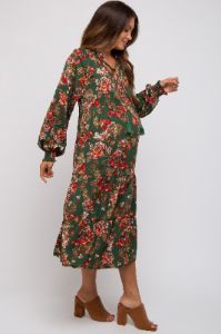 Forest Green Floral Ruffle Neck Tiered Maternity Midi Dress sold by Pinkblush