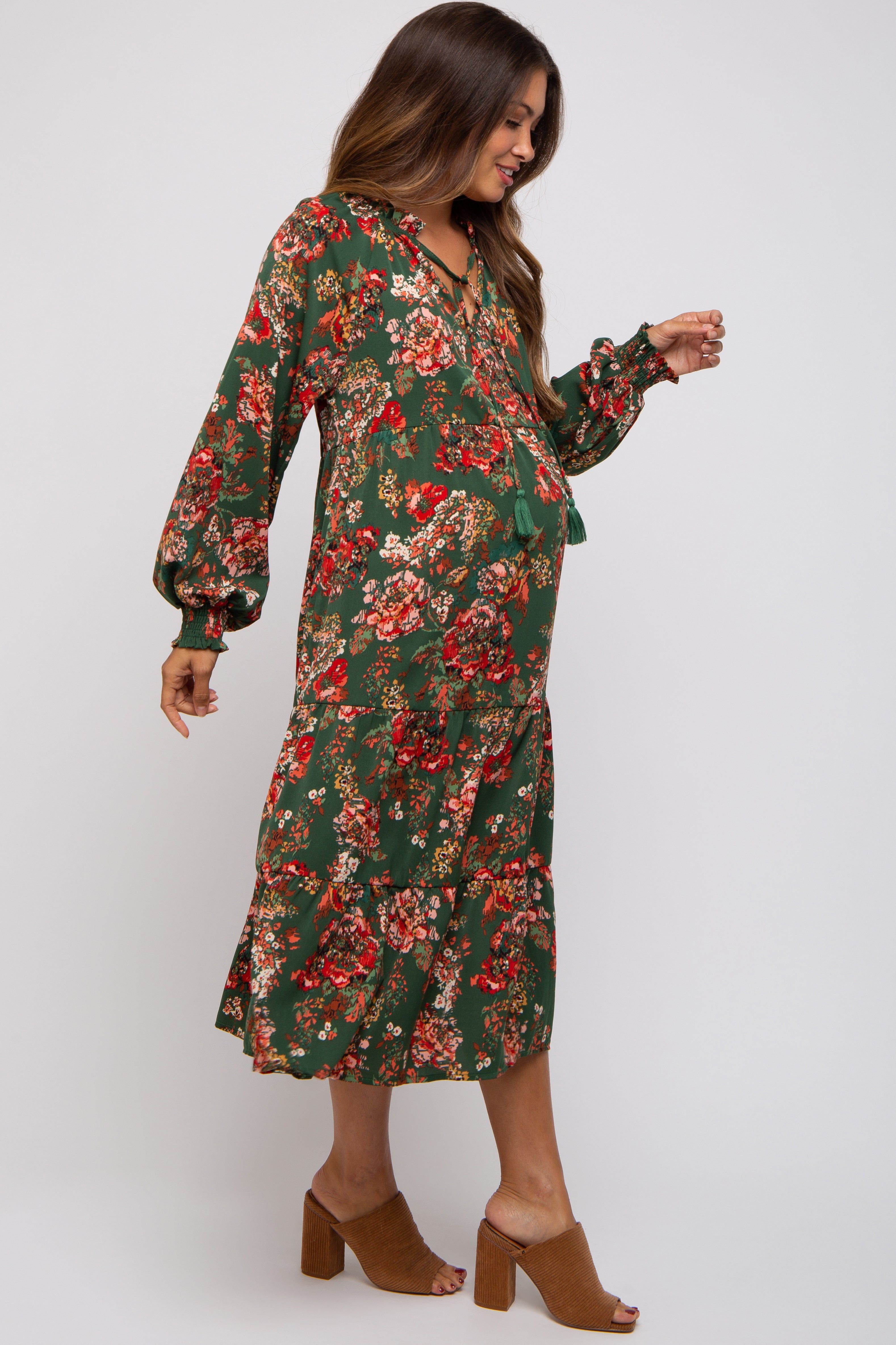 Forest Green Floral Ruffle Neck Tiered Maternity Midi Dress sold by Pinkblush product image thumbnail 3