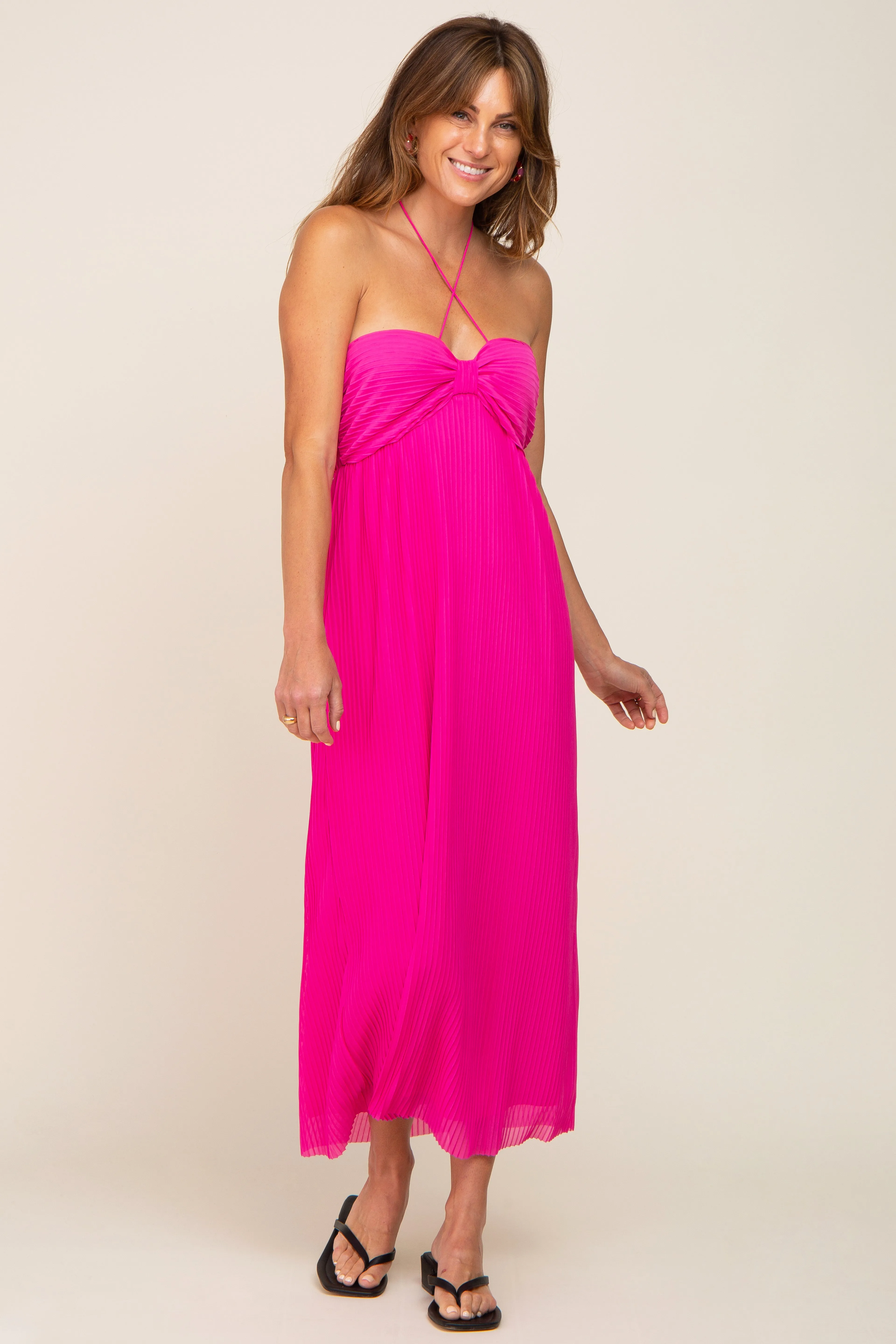 Fuchsia Pleated Cross Front Halter Midi Dress sold by Pinkblush product image thumbnail 4