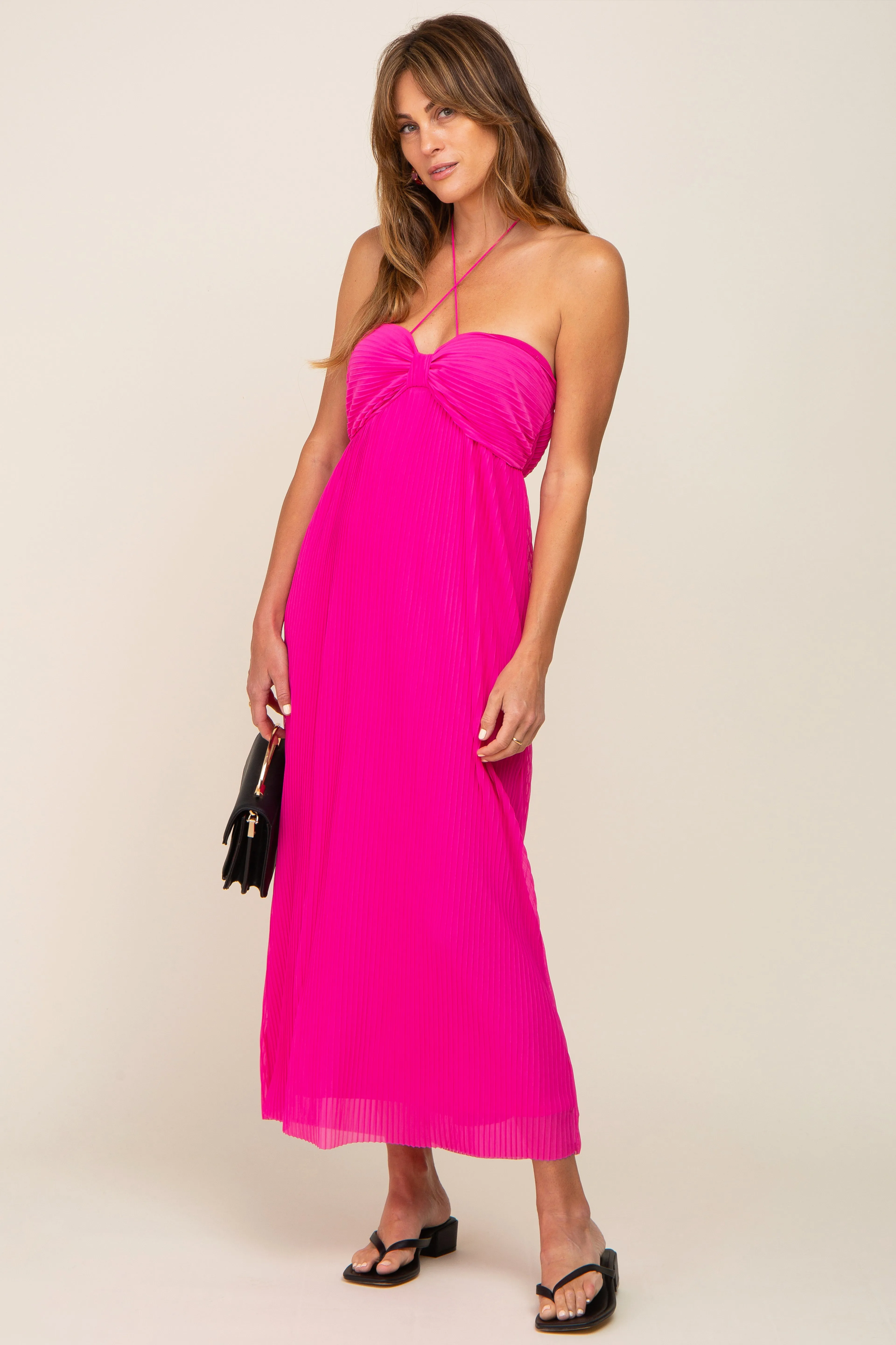 Fuchsia Pleated Cross Front Halter Midi Dress sold by Pinkblush