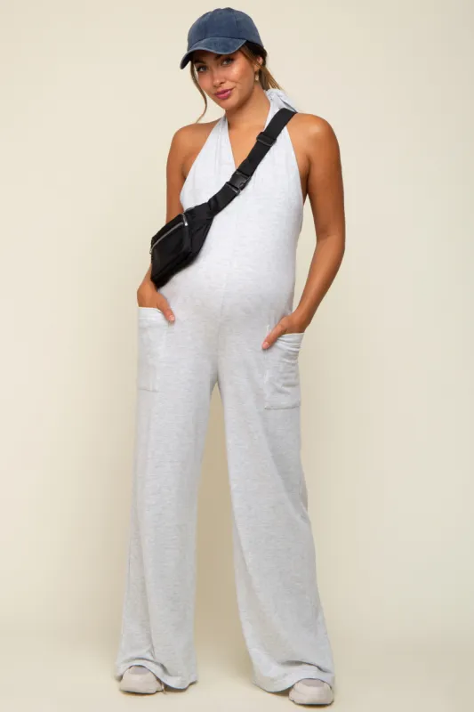 Heather Grey Halter Front Pocket Knit Maternity Jumpsuit sold by Pinkblush